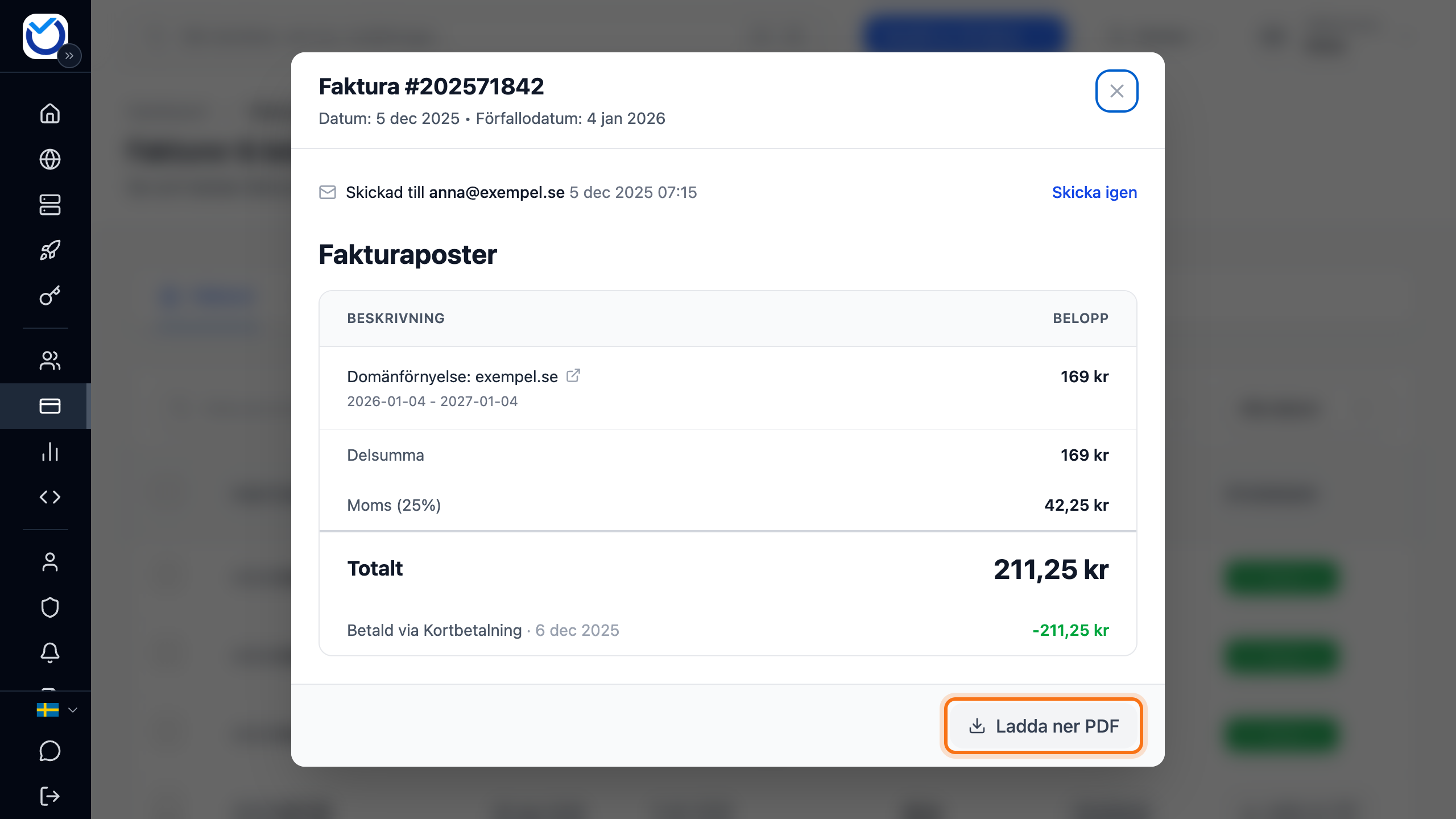 En faktura med knappen Ladda ner PDF markerad