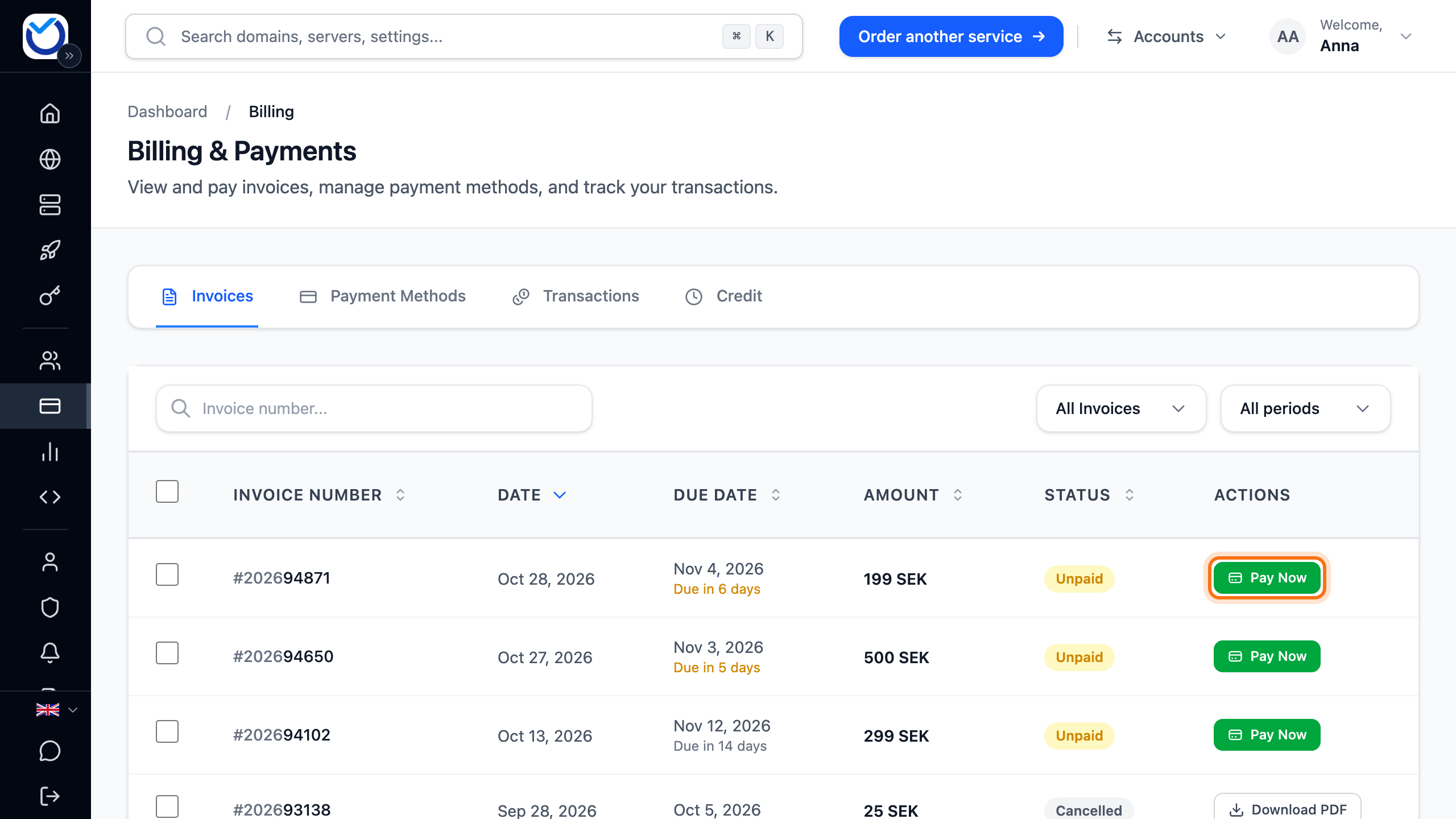 The Invoices tab with the Pay Now button framed on an unpaid invoice