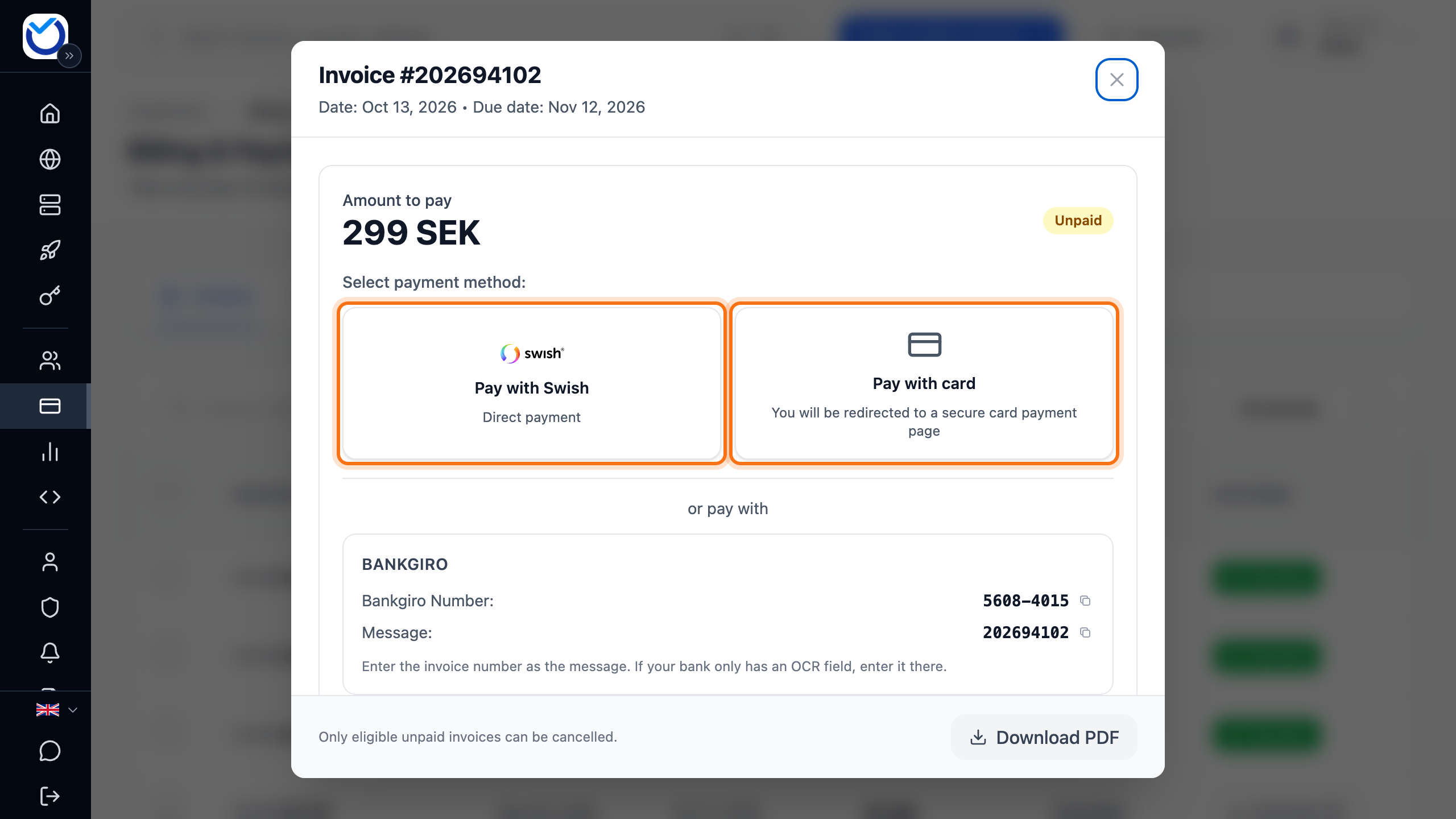An unpaid invoice with the Swish, card and Bankgiro payment options. Pay with Swish and Pay with card are framed