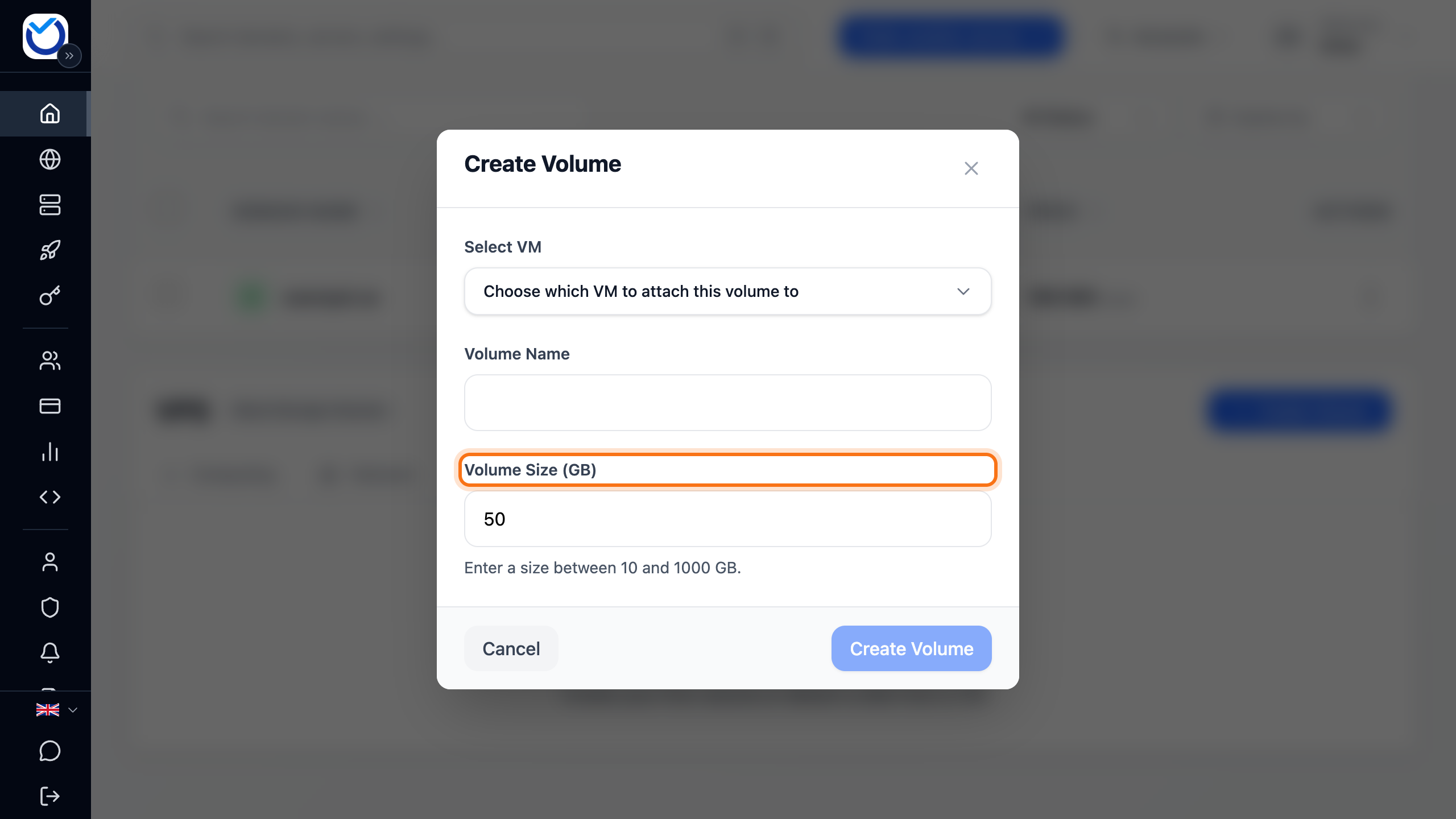 The Create Volume dialog with the Volume Size field framed