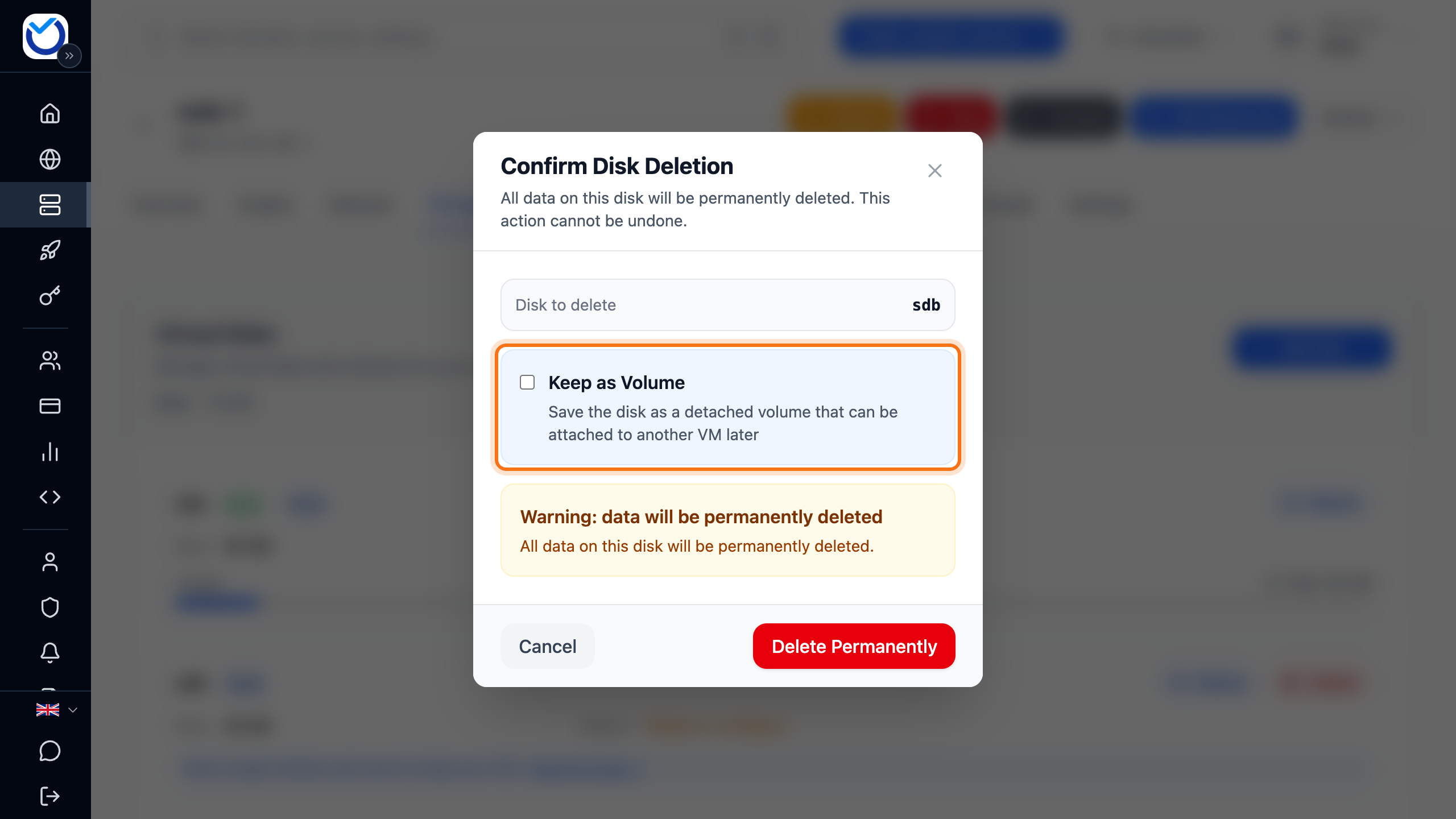 The Confirm Disk Deletion dialog with the Keep as Volume box framed