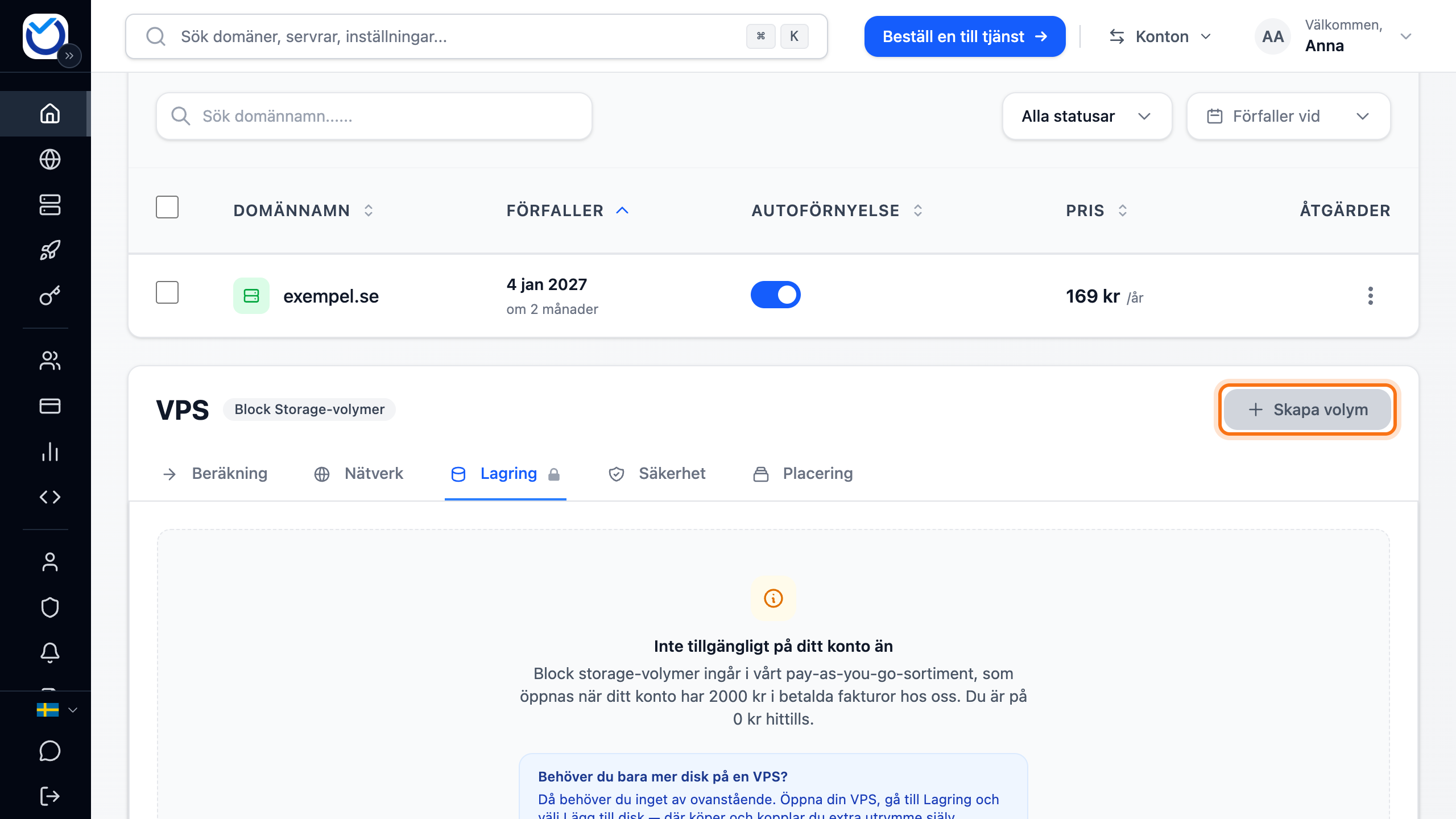 Fliken Lagring på Dashboard med knappen Skapa volym markerad
