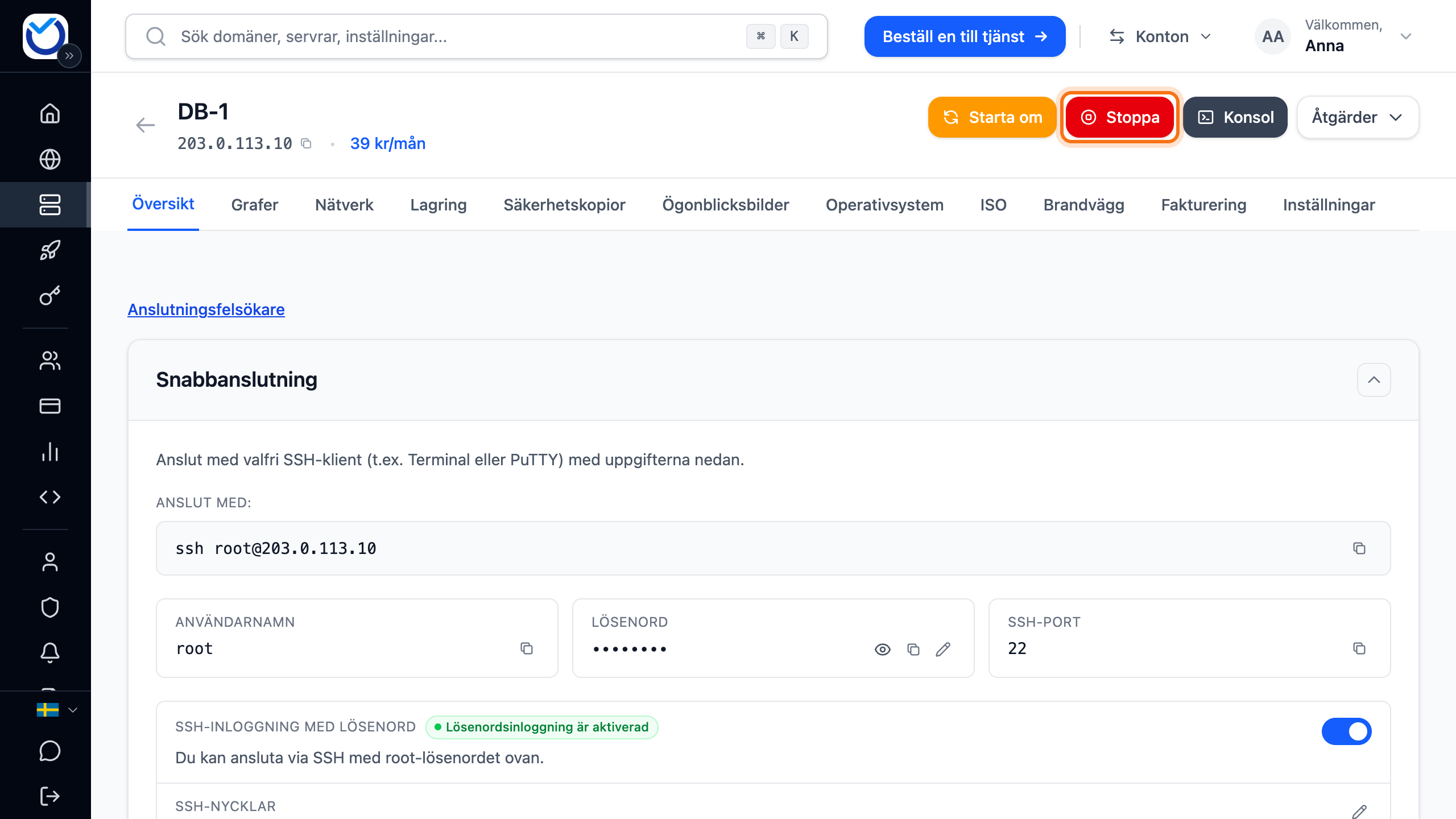 Serverns sida med knappen Stoppa markerad