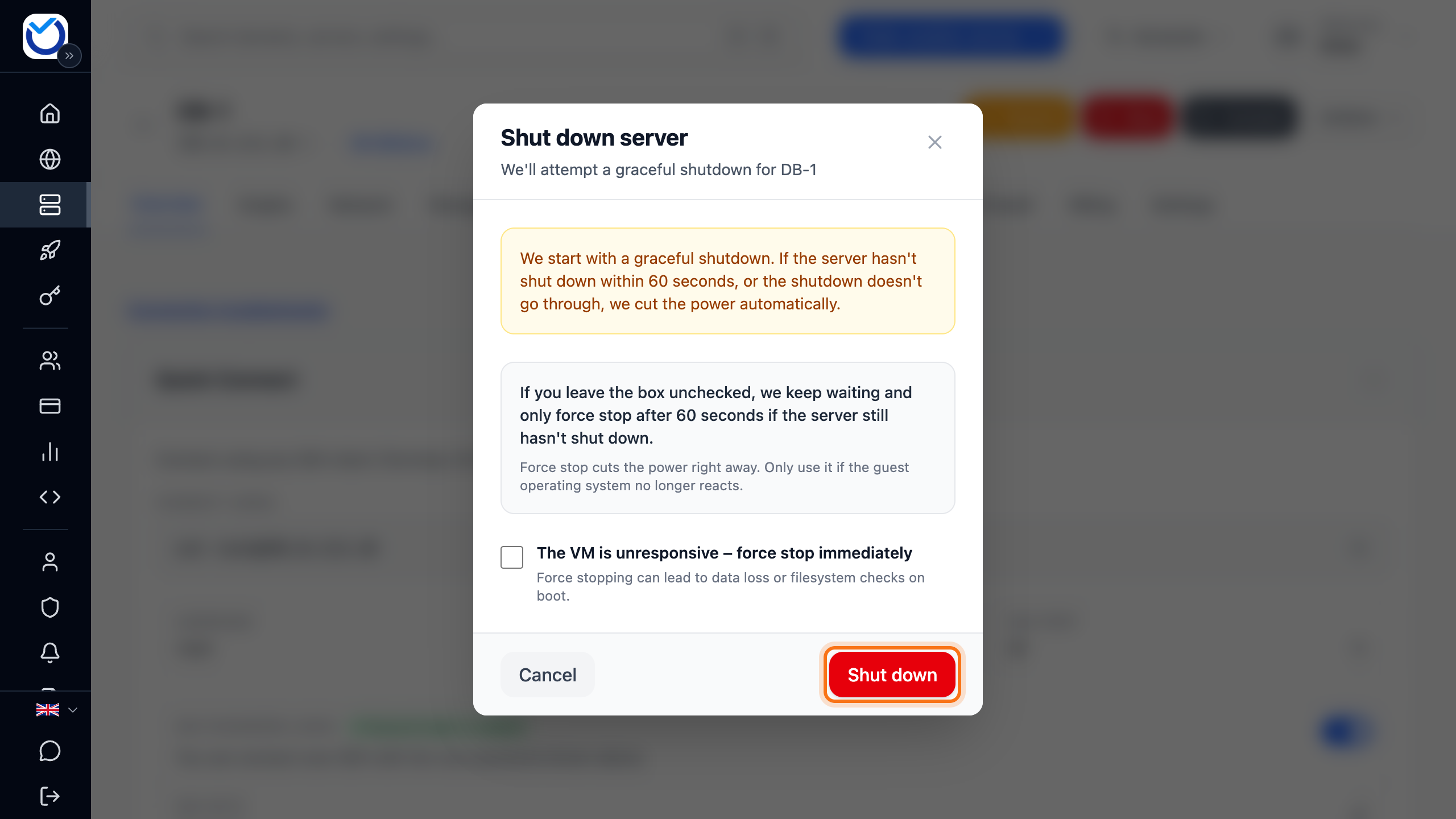 The Shut down server dialog with the Shut down button framed