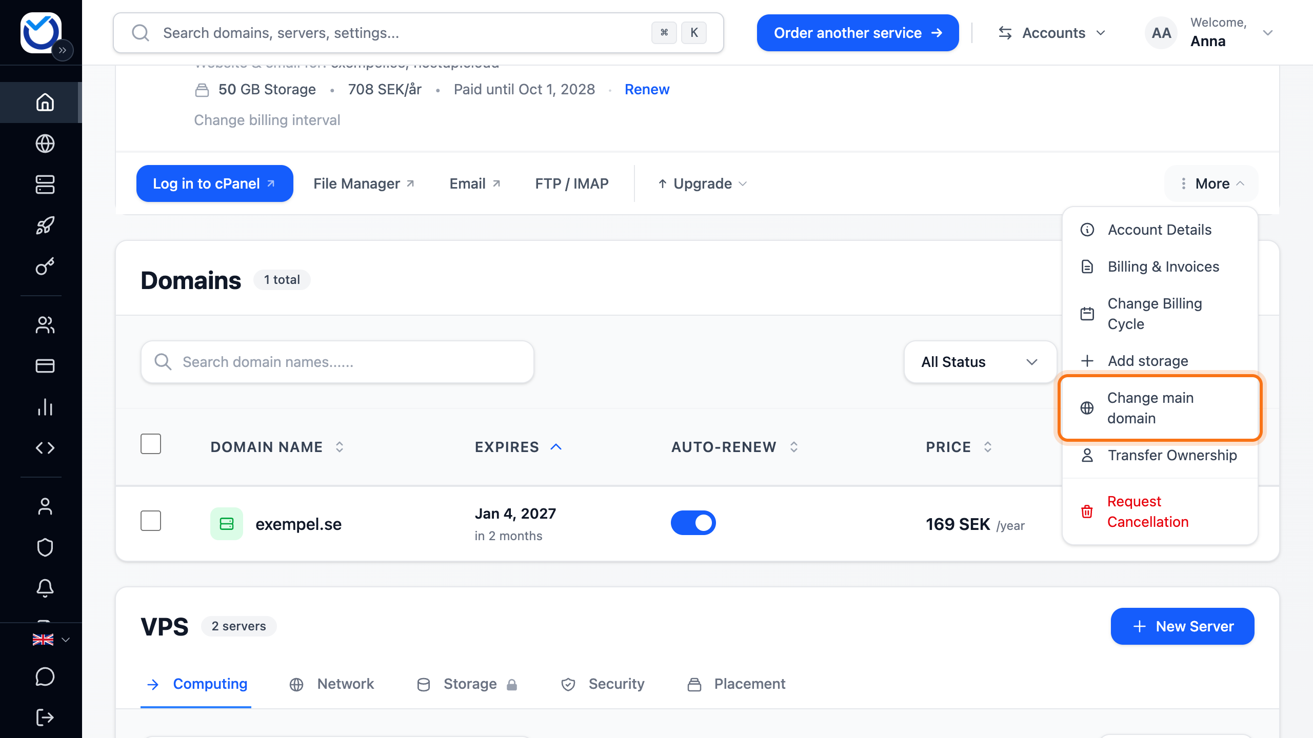 The web hosting on the Dashboard with the More menu open and Change main domain framed