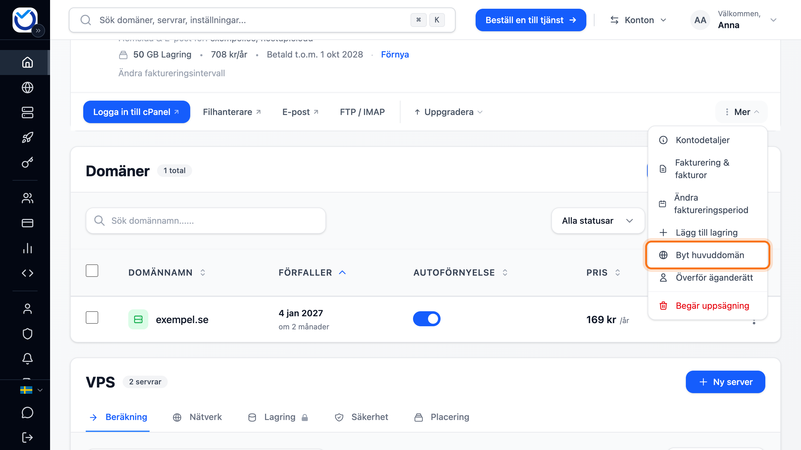 Webbhotellet på Dashboard med menyn Mer öppen och Byt huvuddomän markerad