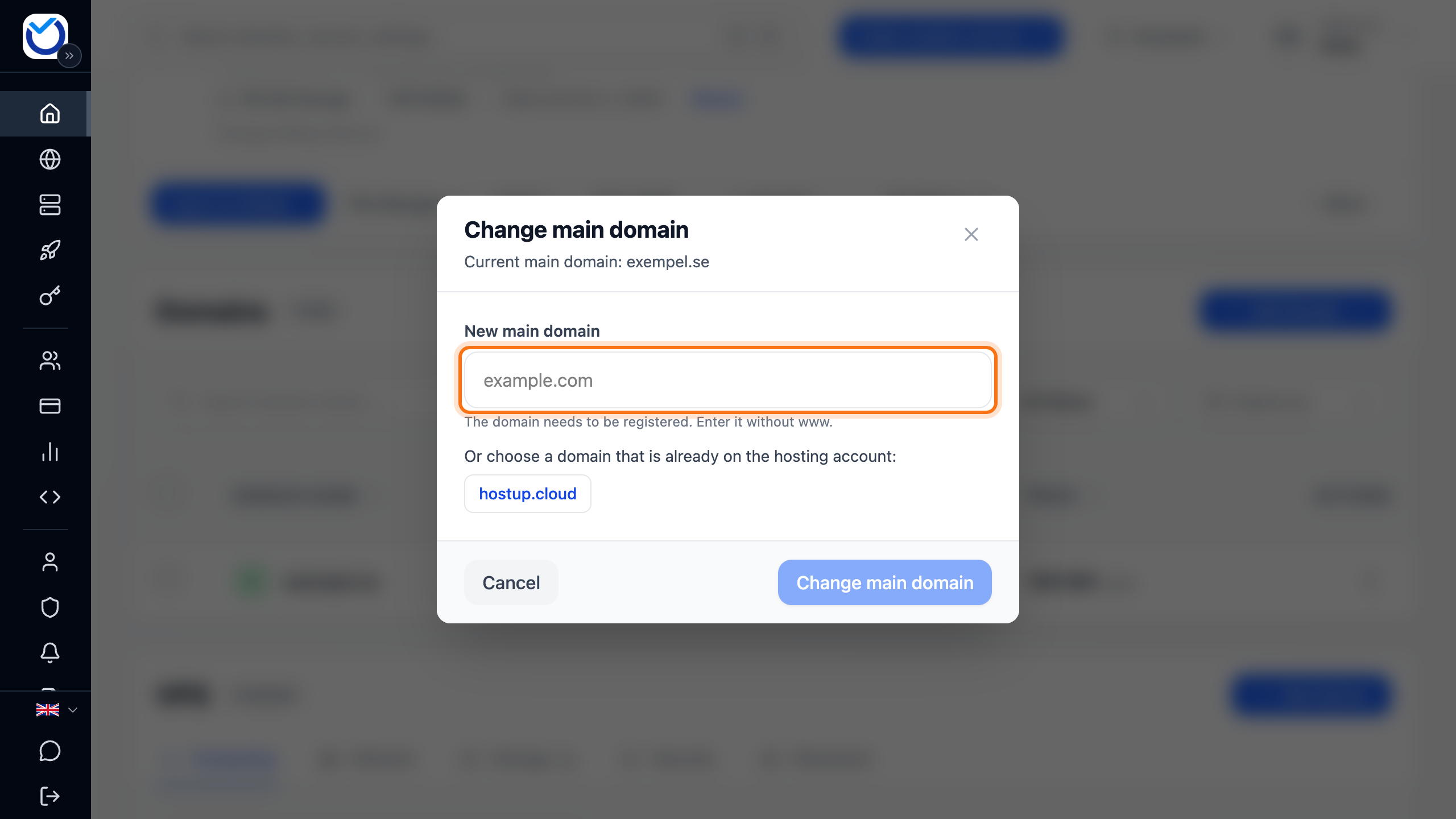 The Change main domain dialog with the New main domain field framed