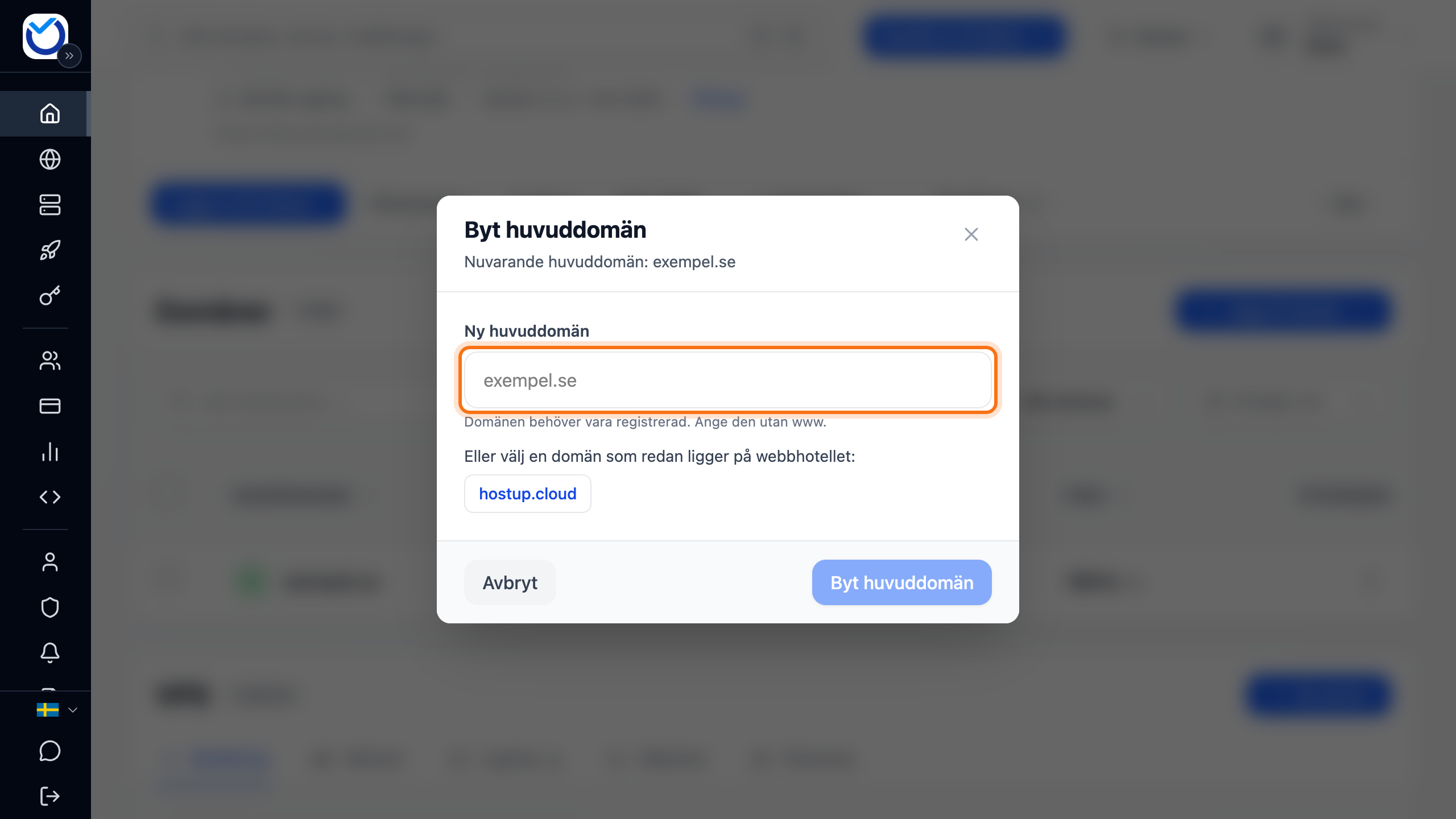 Rutan Byt huvuddomän med fältet Ny huvuddomän markerat
