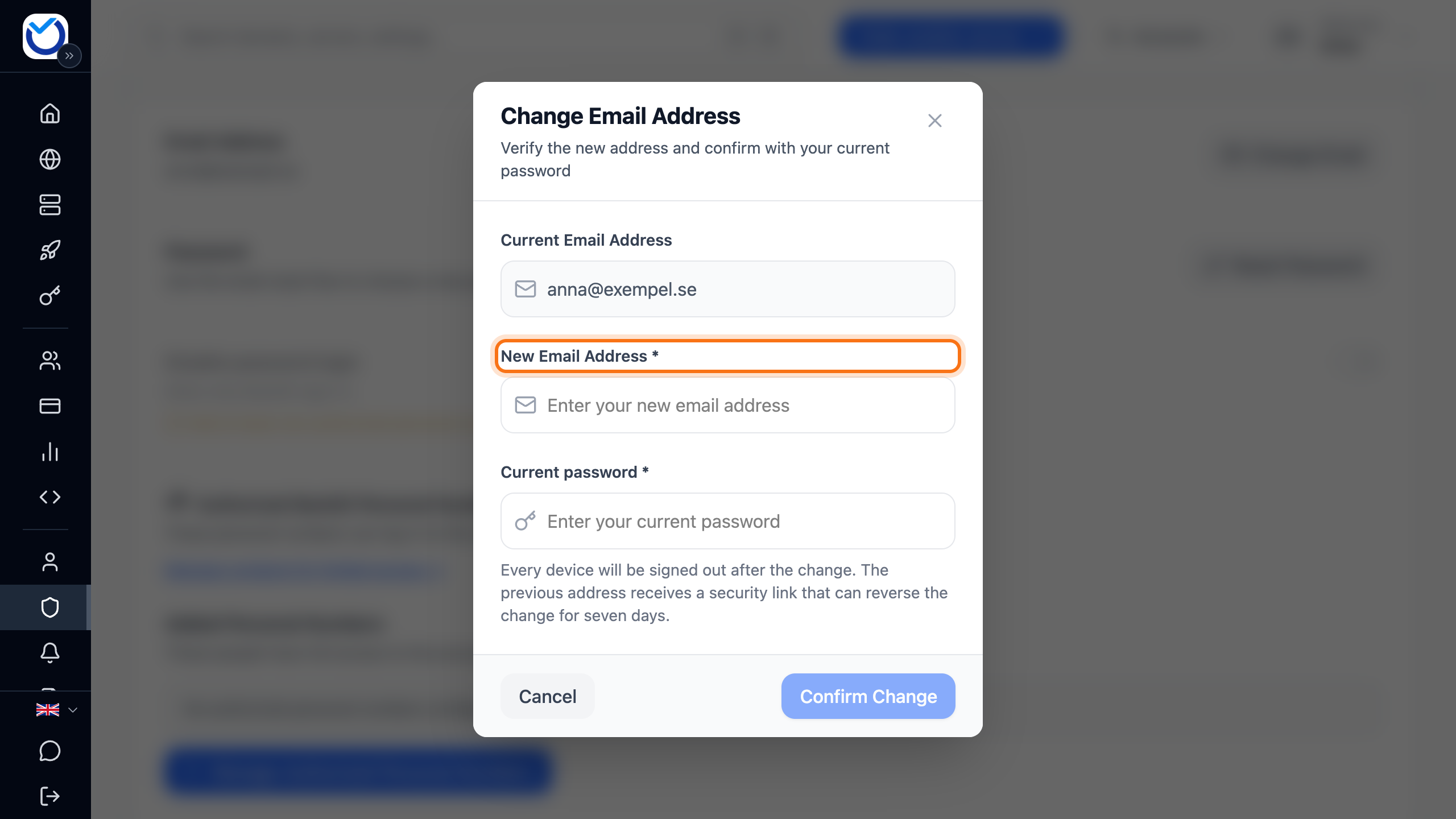 The Change Email Address dialog with the New Email Address field framed
