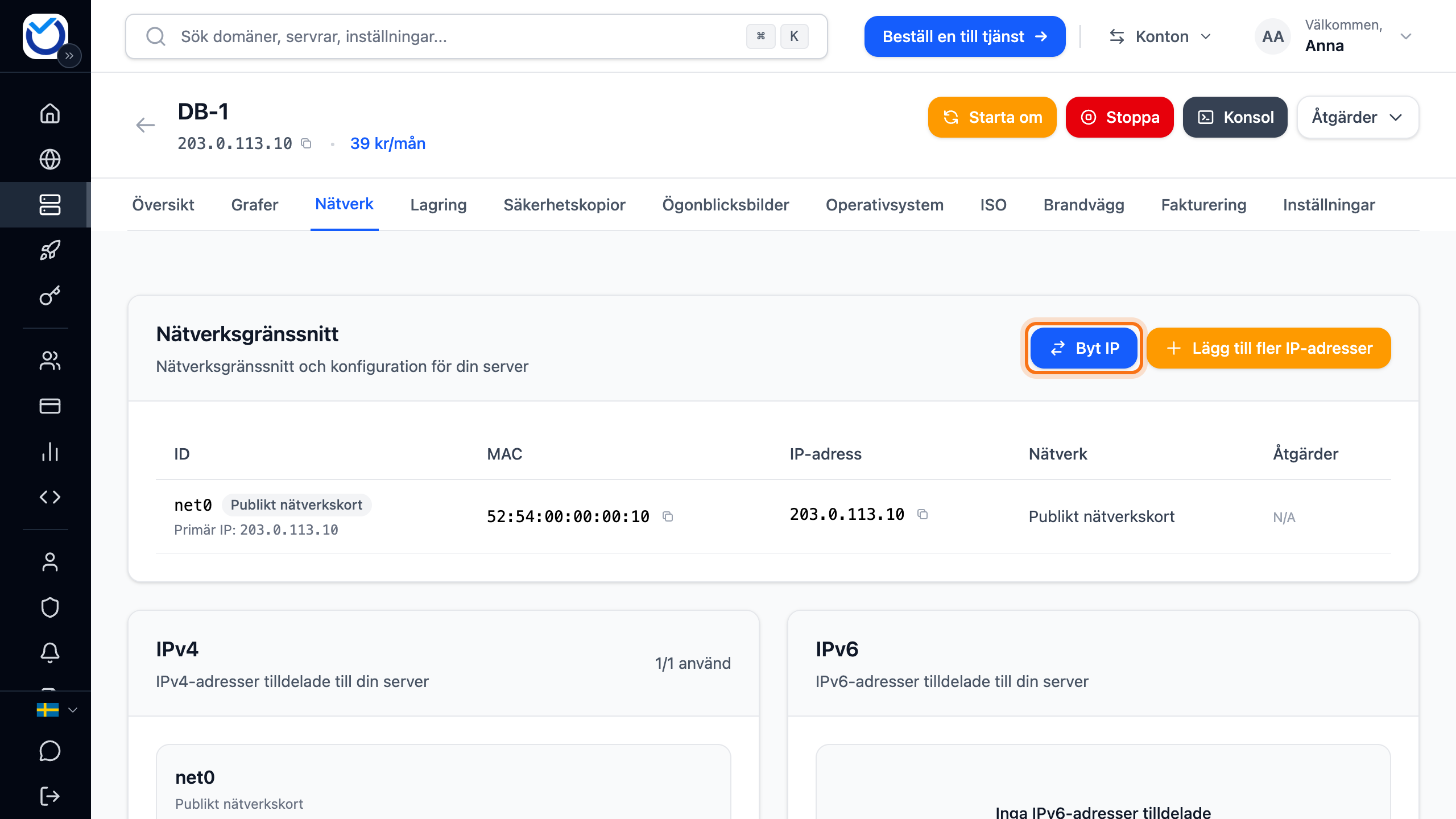 Fliken Nätverk med knappen Byt IP markerad