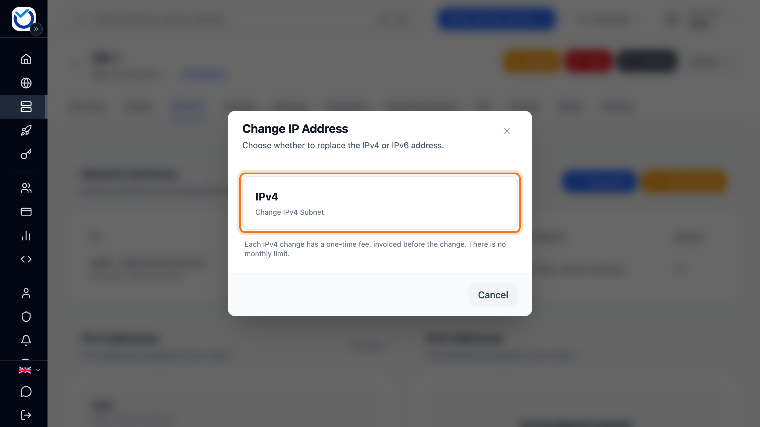 The Change IP Address dialog with the IPv4 option framed, on a server without an IPv6 address