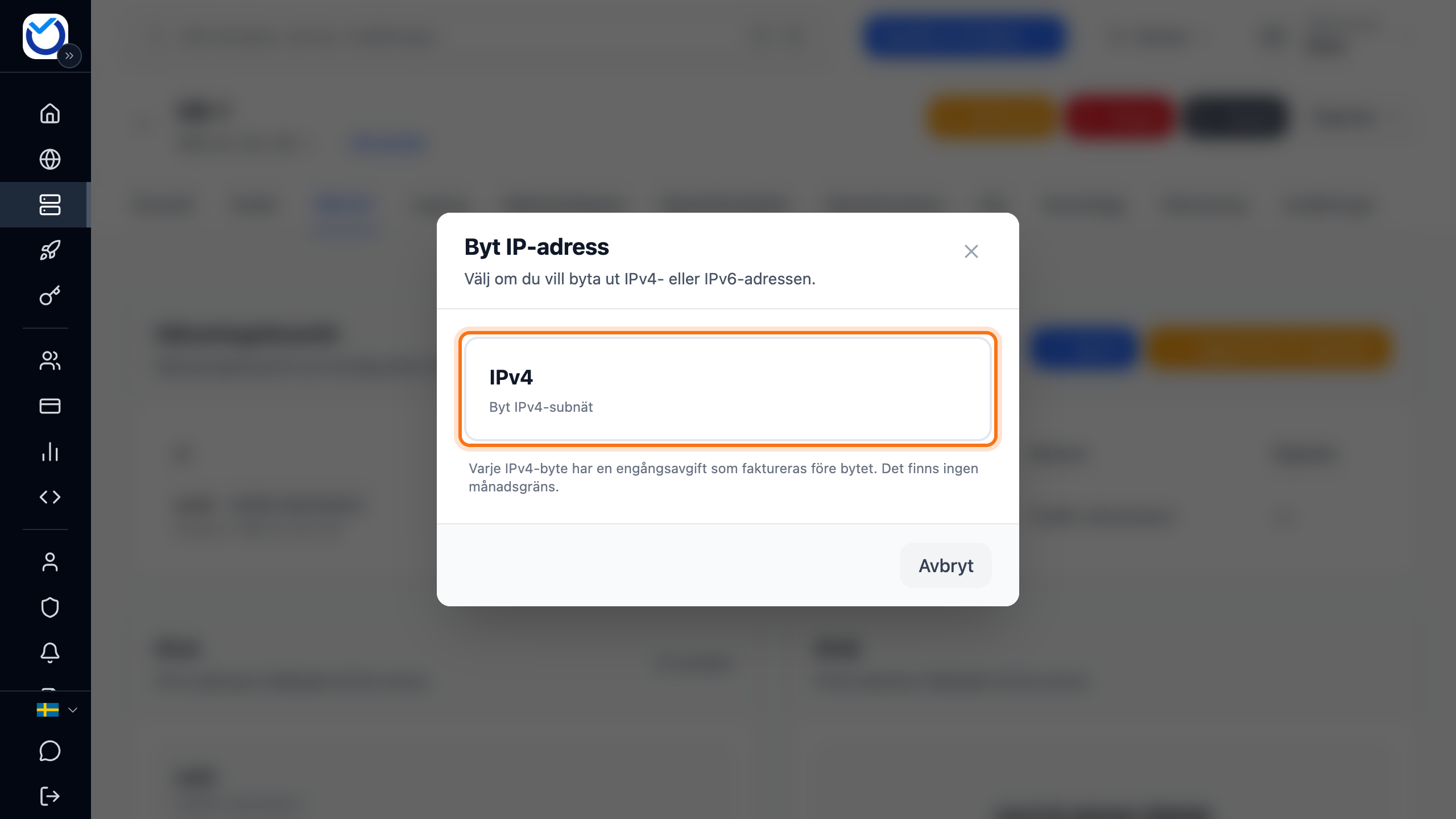 Rutan Byt IP-adress med alternativet IPv4 markerat, på en server utan IPv6-adress