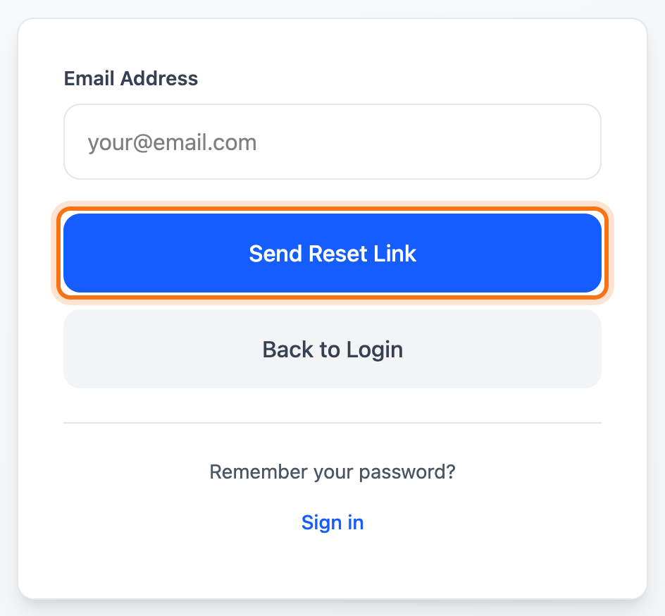The Reset Password page with the Send Reset Link button framed