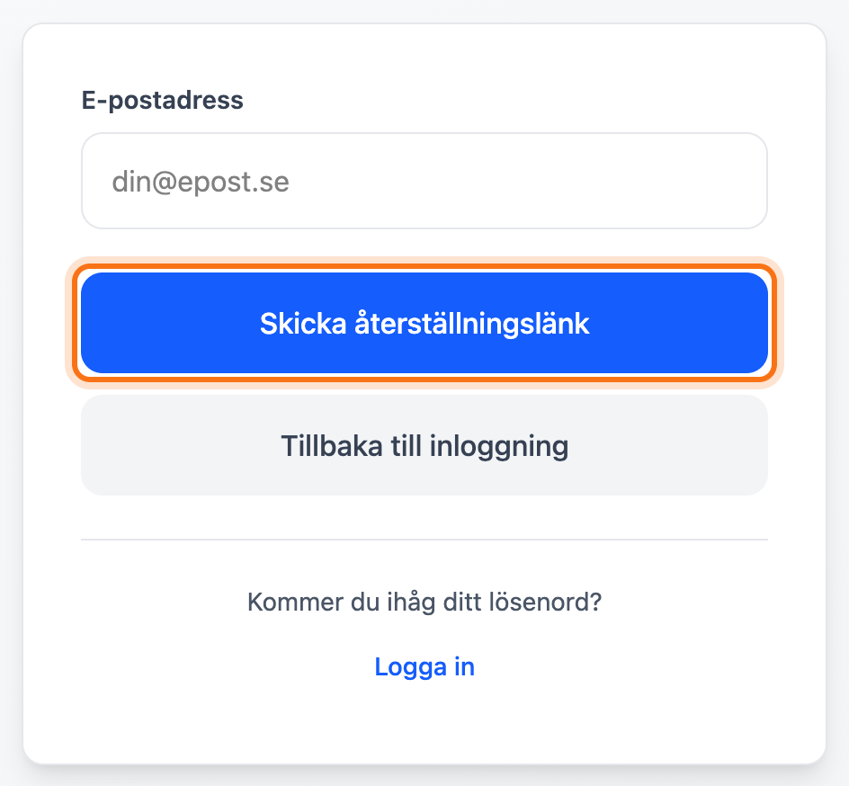 Sidan Återställ lösenord med knappen Skicka återställningslänk markerad