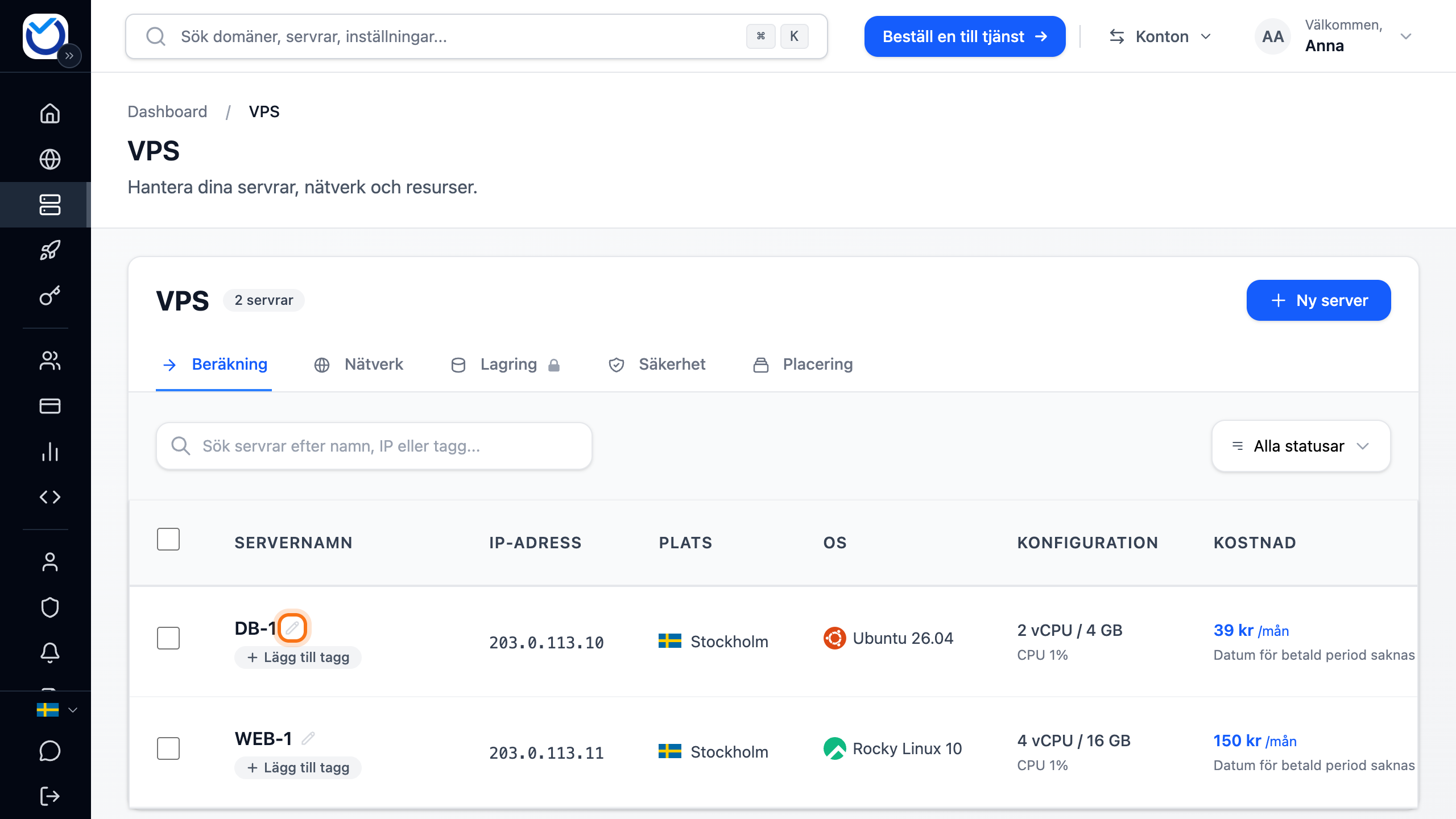 VPS-listan med pennan bredvid servernamnet markerad