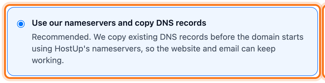 The account’s domain settings with the two choices under Nameservers for Domain Transfers framed
