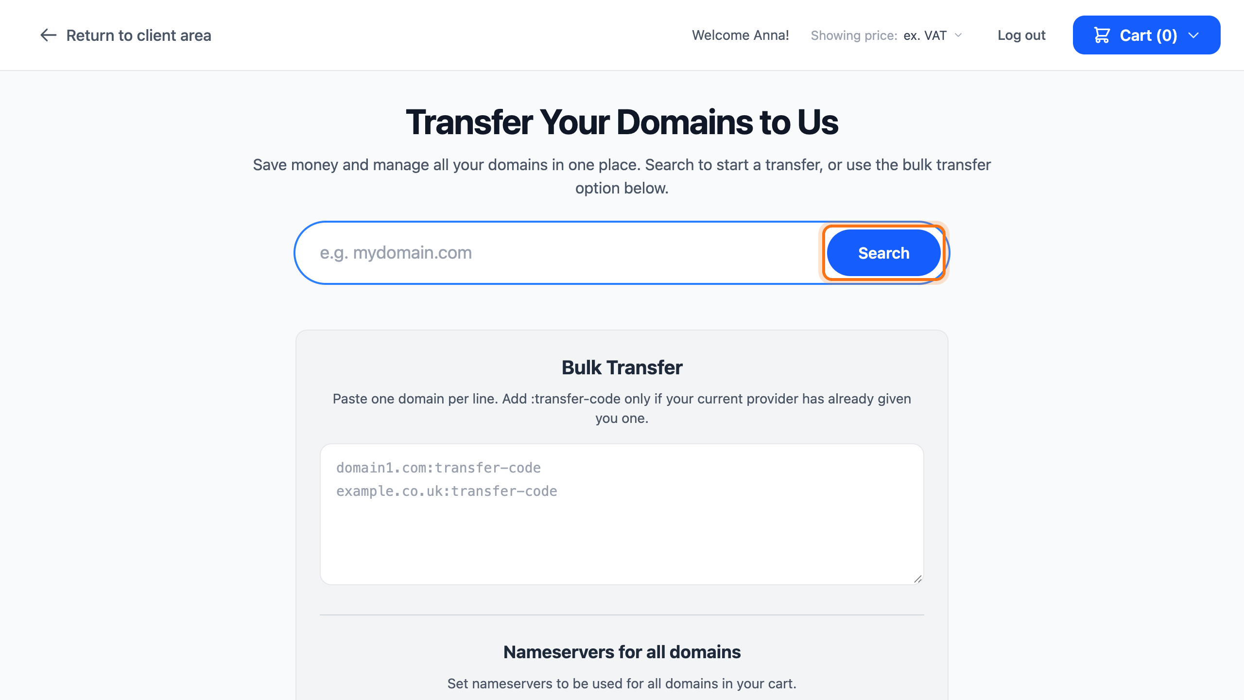 The domain transfer page with the search field at the top and the Search button framed