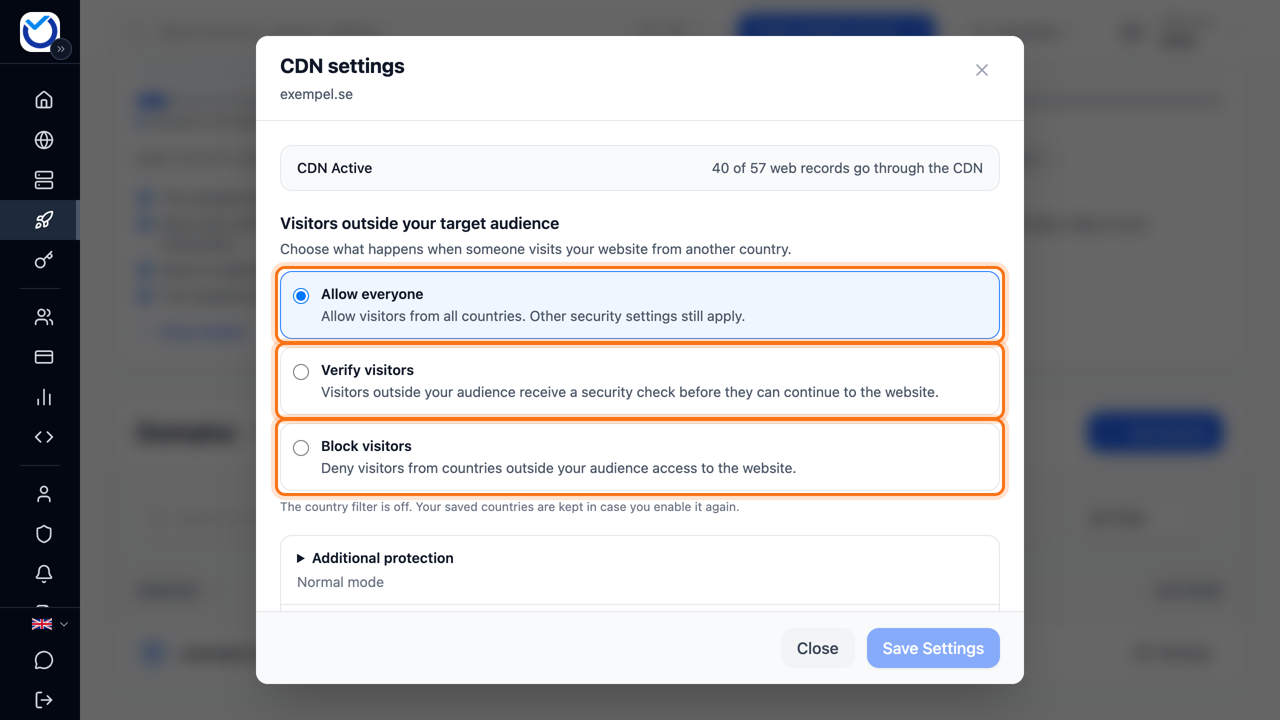 The CDN settings dialog with the three choices Allow everyone, Verify visitors and Block visitors framed