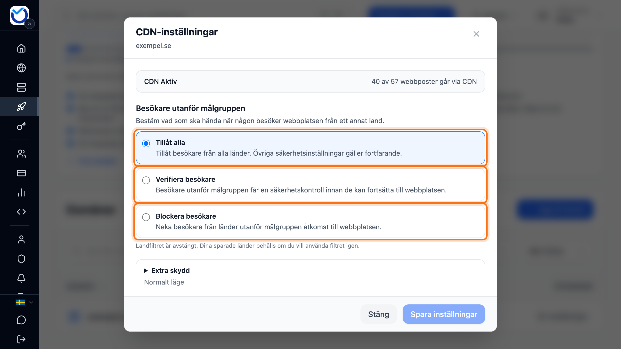 Rutan CDN-inställningar med de tre valen Tillåt alla, Verifiera besökare och Blockera besökare markerade