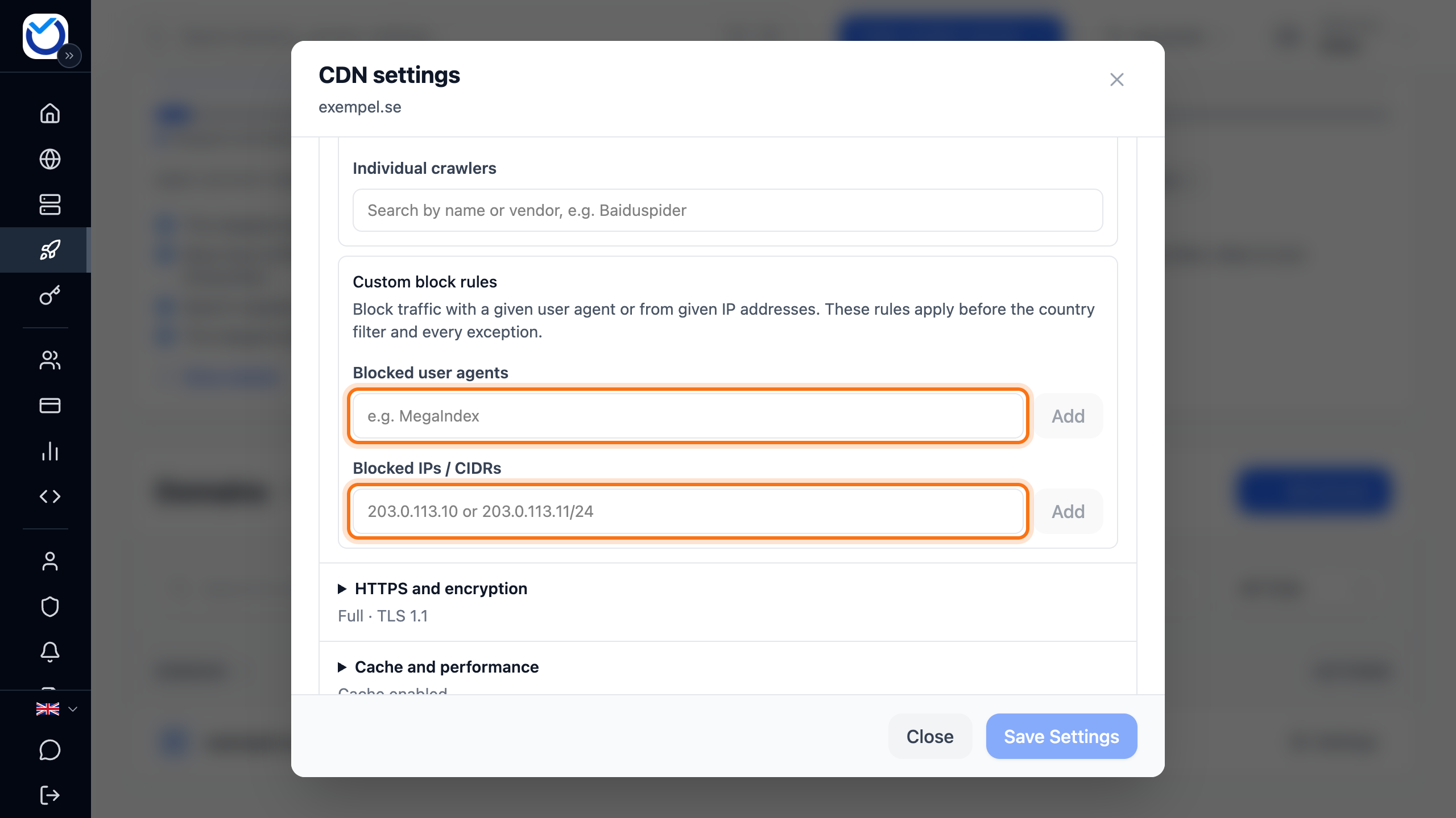 The Custom block rules section with the Blocked user agents and Blocked IPs / CIDRs fields framed