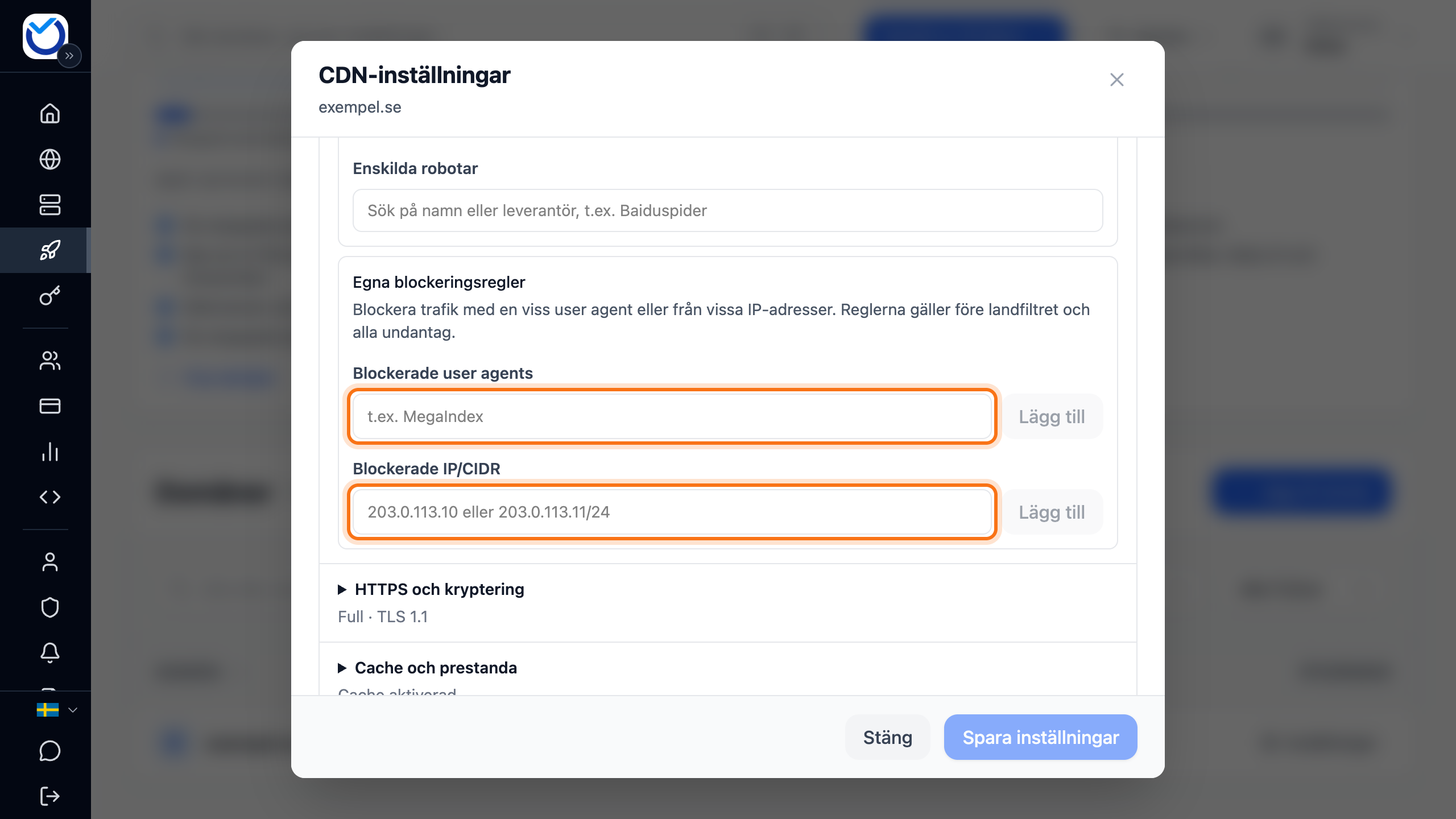 Delen Egna blockeringsregler med fälten Blockerade user agents och Blockerade IP/CIDR markerade