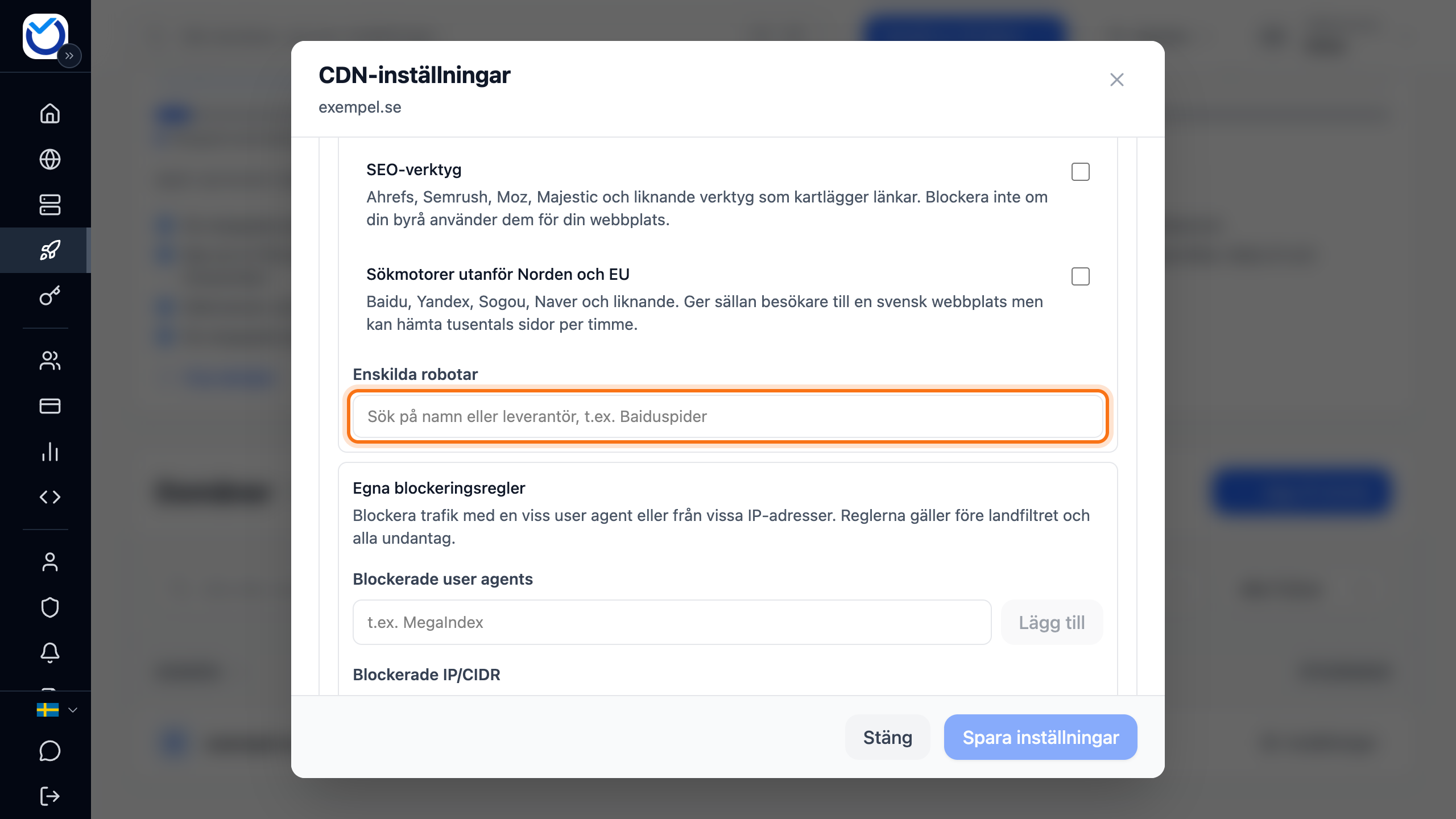 Delen Blockerade sökrobotar med grupperna och sökfältet Enskilda robotar markerat