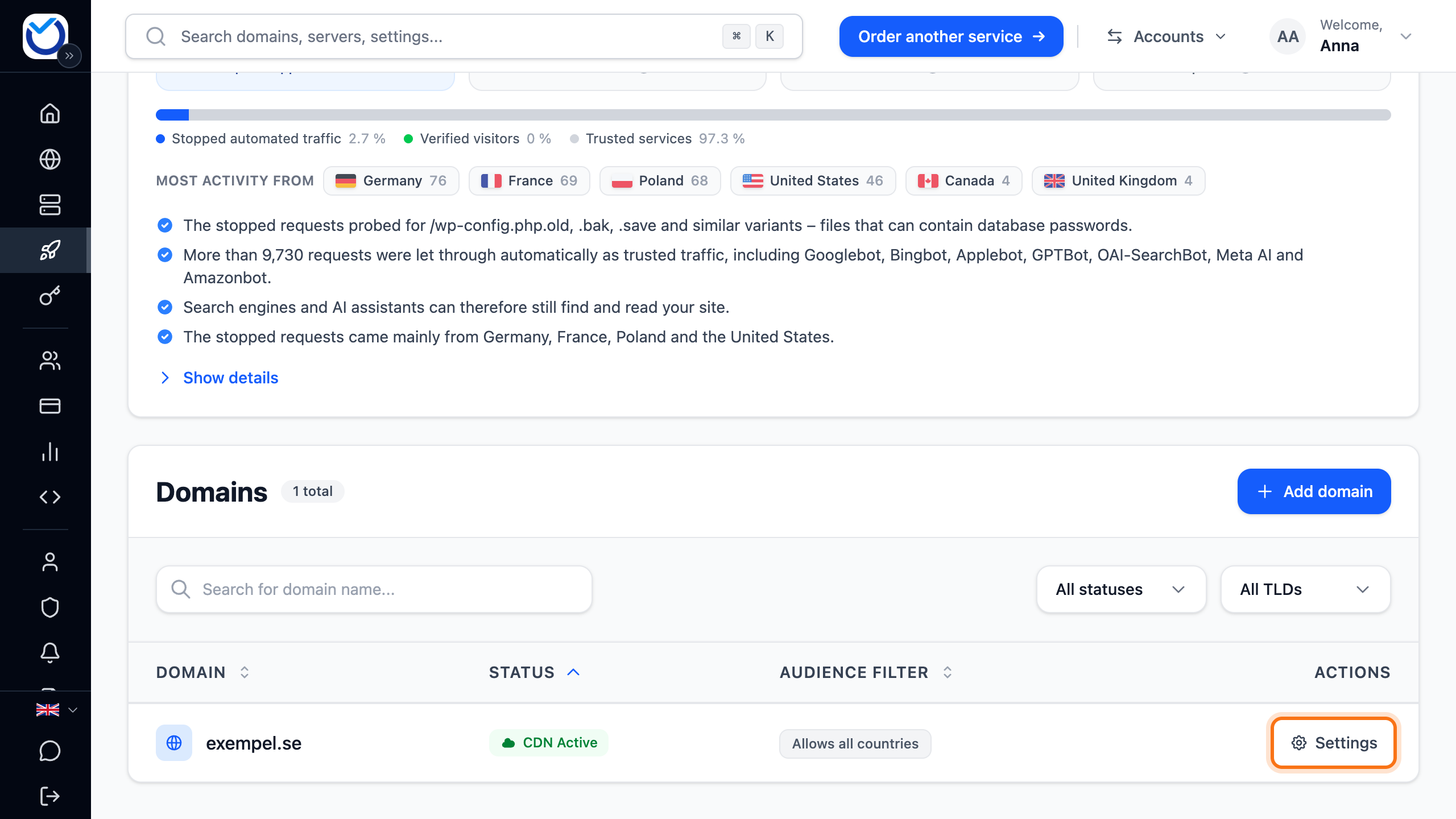 The CDN page with the Settings button next to the domain framed