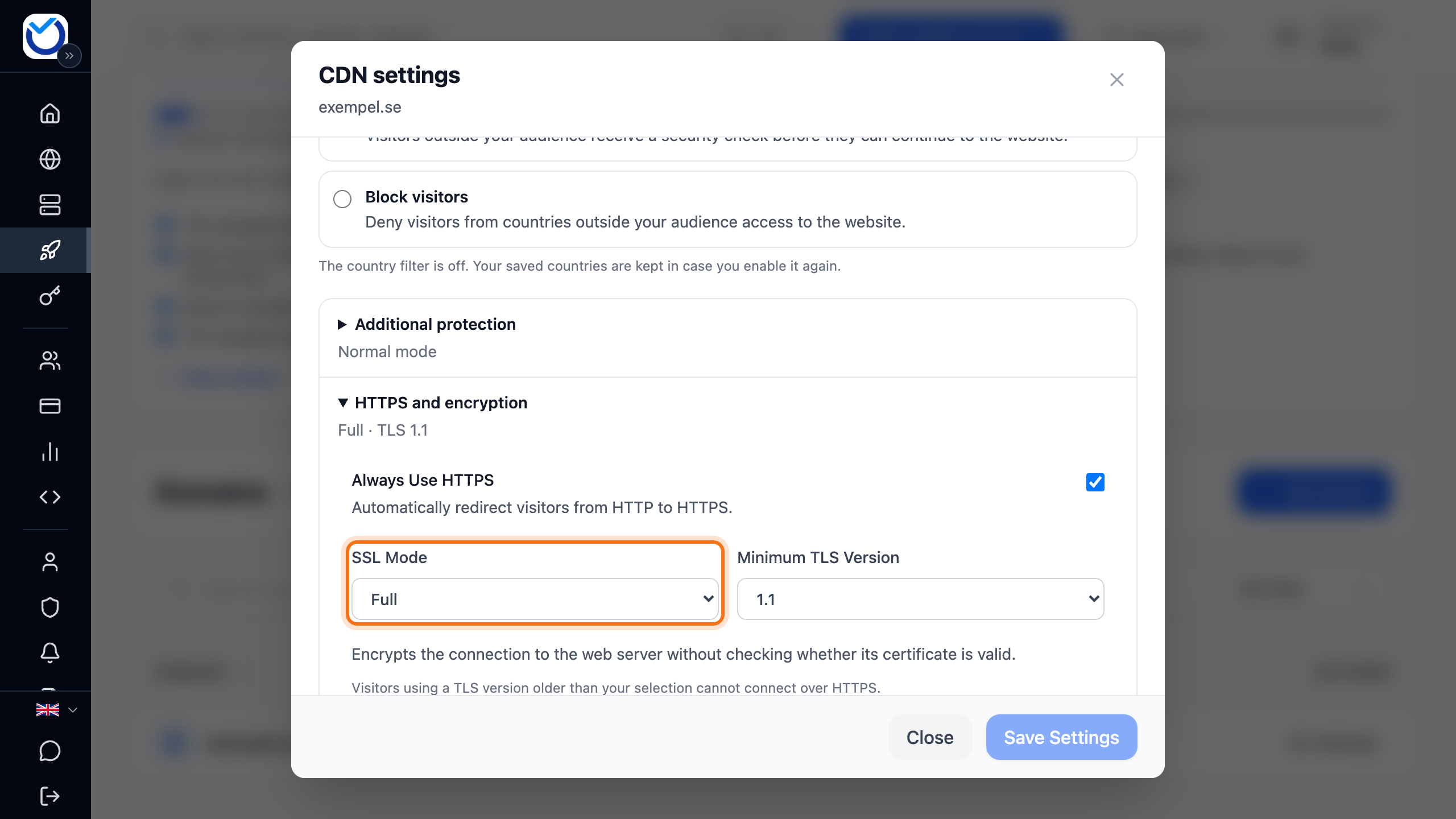 The CDN settings dialog with HTTPS and encryption open and the SSL Mode option framed