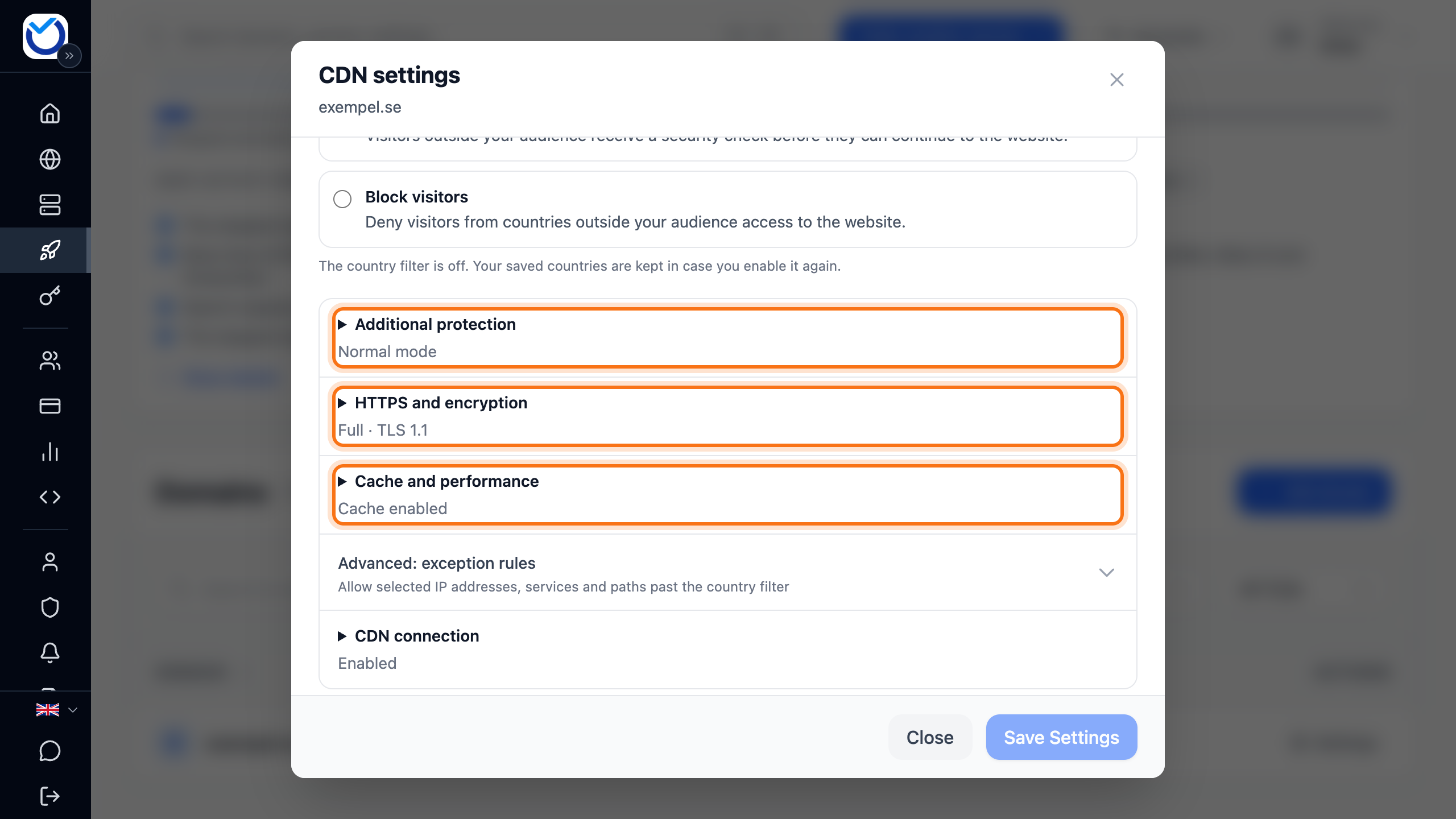 The CDN settings dialog with the Additional protection, HTTPS and encryption and Cache and performance headings framed