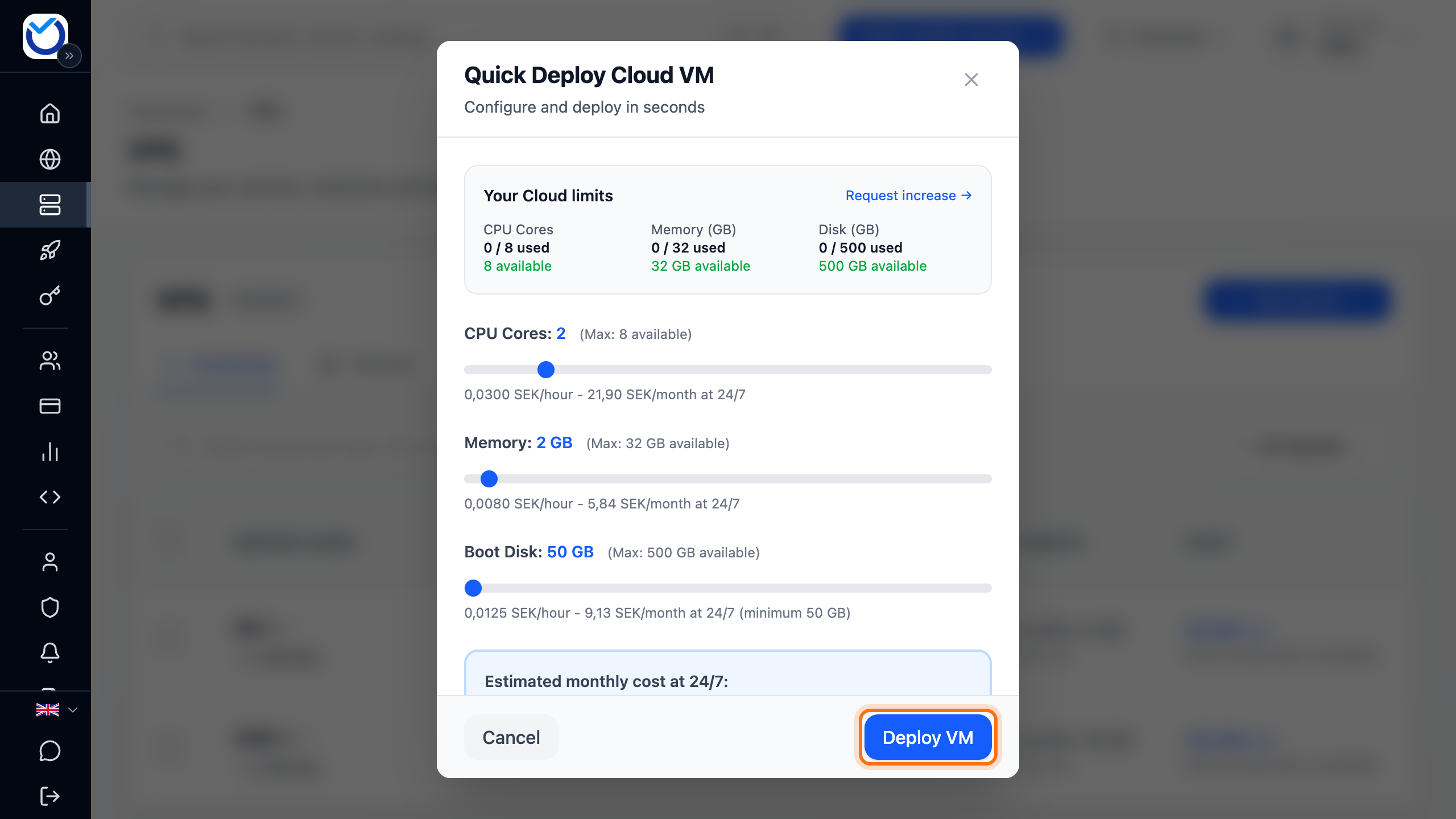 The dialog where you create the server, with the account’s limits at the top, the sliders and the Deploy VM button framed