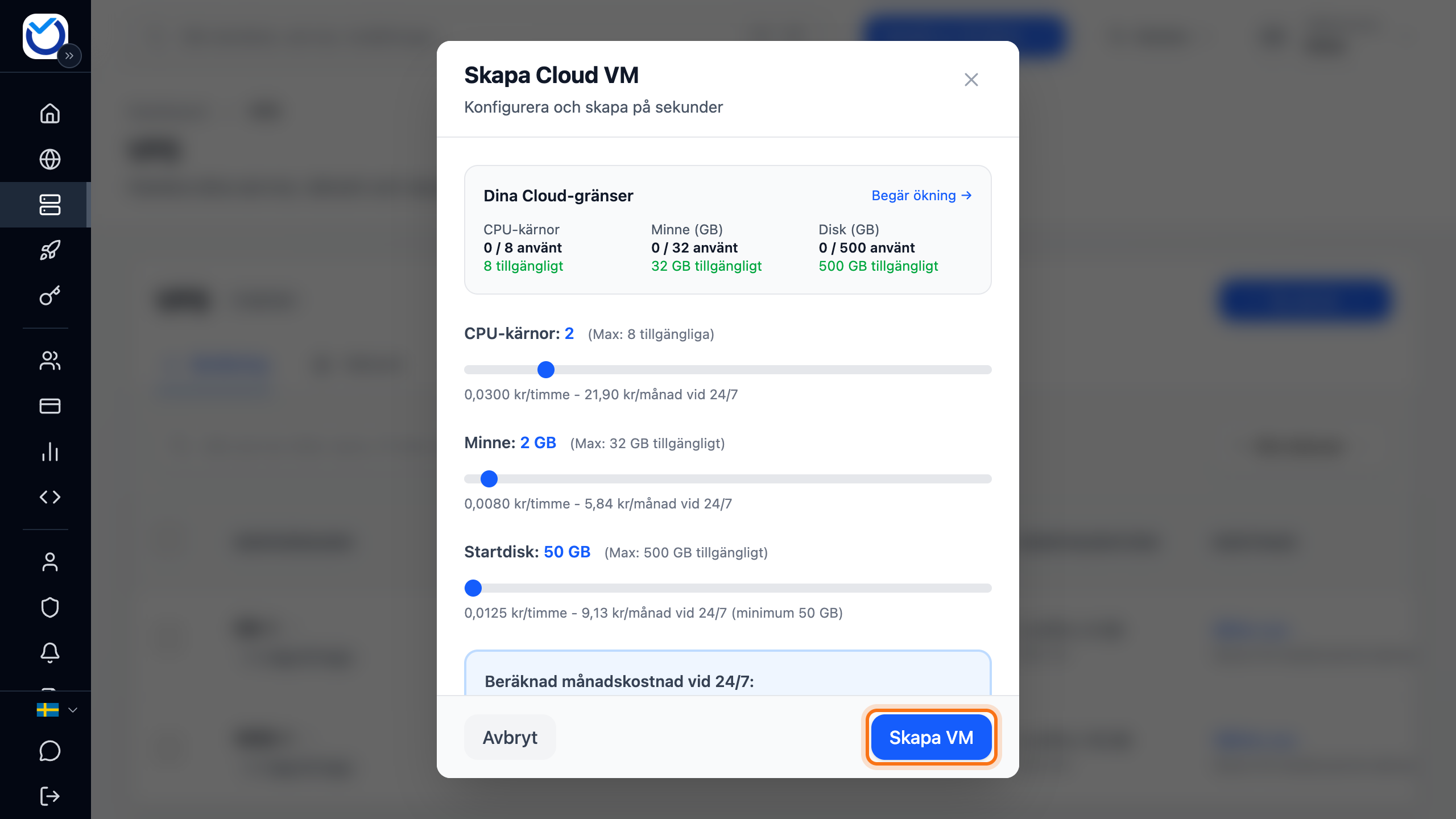 Rutan där du skapar servern, med kontots gränser överst, reglagen och knappen Skapa VM markerad