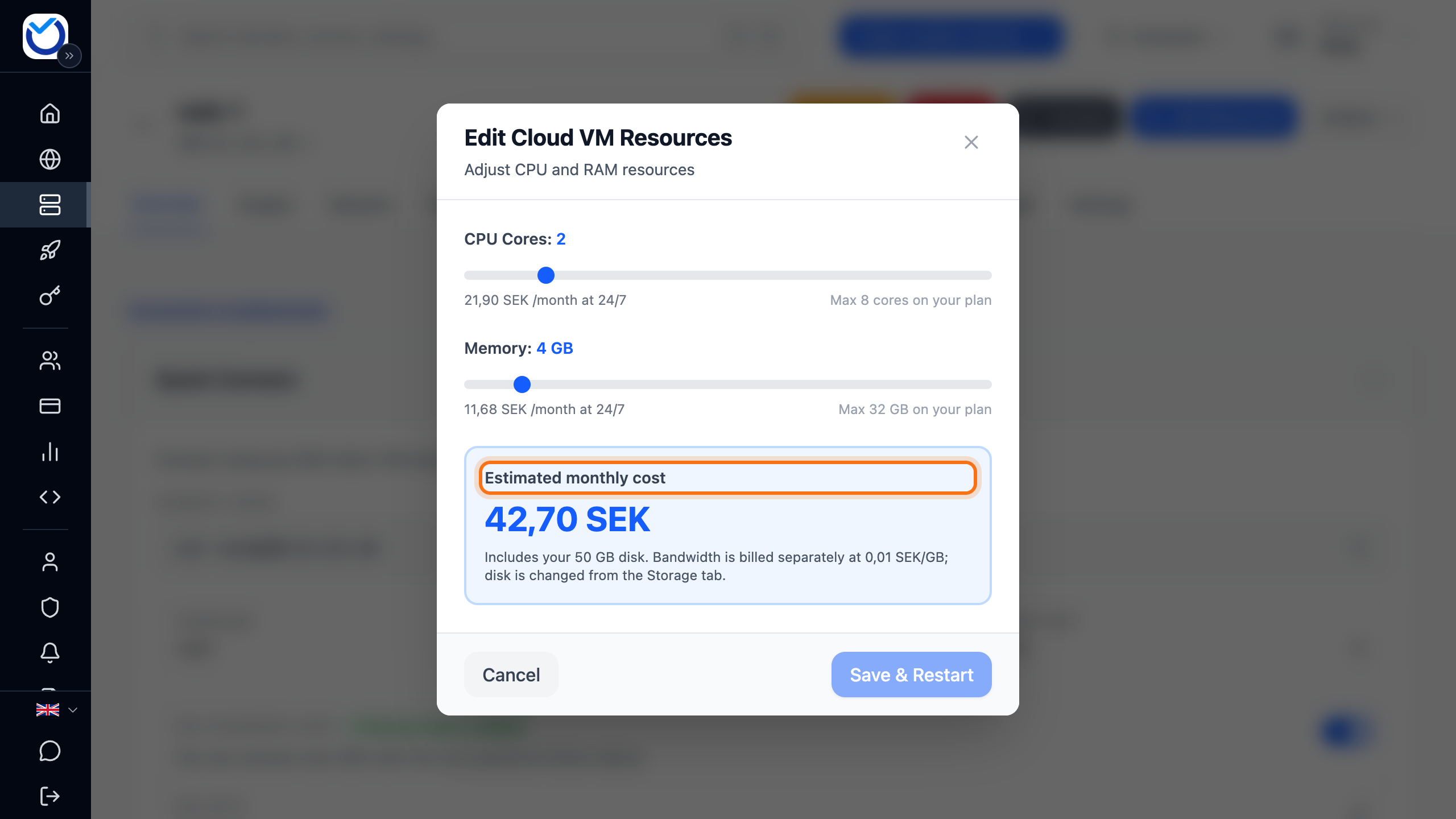 The dialog where you change CPU and memory, with the estimated monthly cost framed