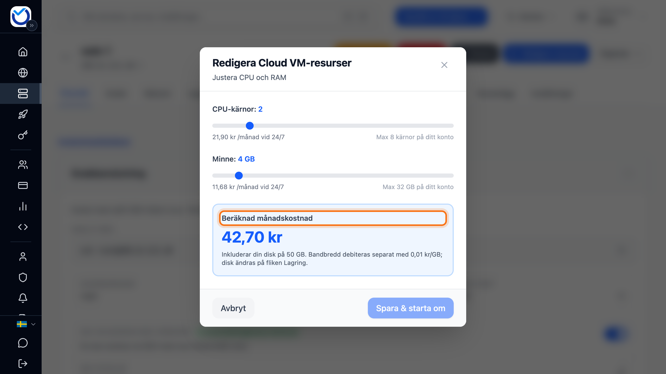 Rutan där du ändrar CPU och minne, med Beräknad månadskostnad markerad