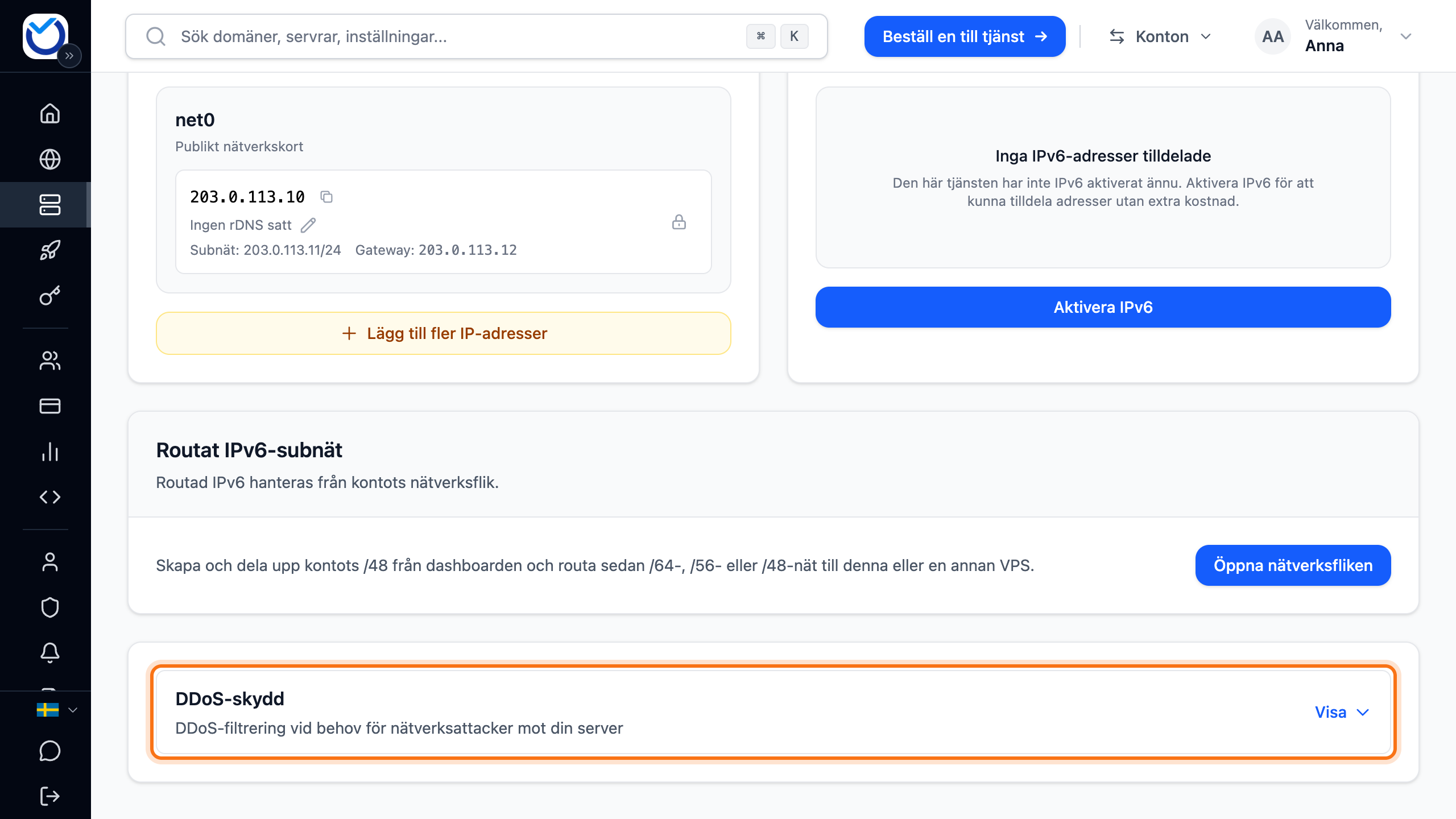Fliken Nätverk med knappen Visa i rutan DDoS-skydd markerad