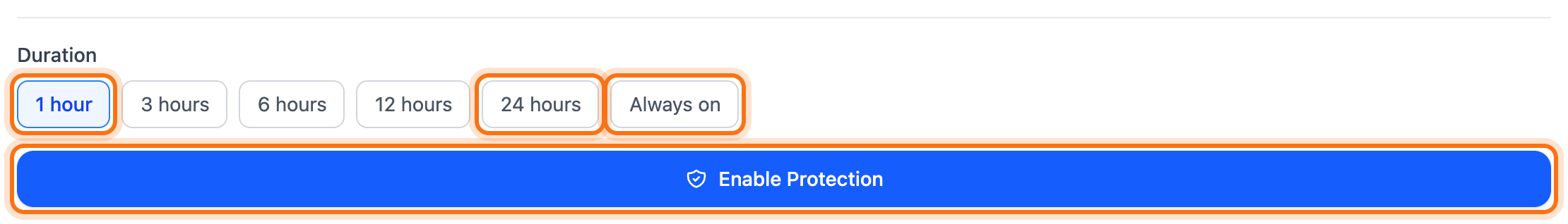DDoS protection expanded, with the 1 hour, 24 hours and Always on choices and the Enable Protection button framed