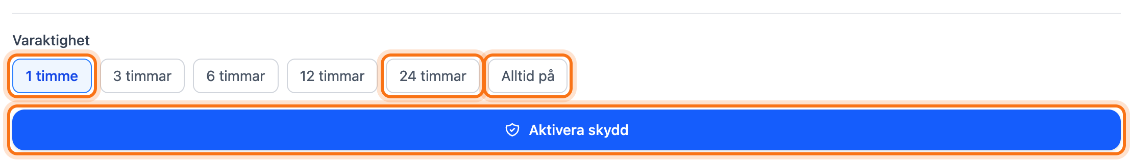 DDoS-skyddet utfällt med valen 1 timme, 24 timmar och Alltid på och knappen Aktivera skydd markerade