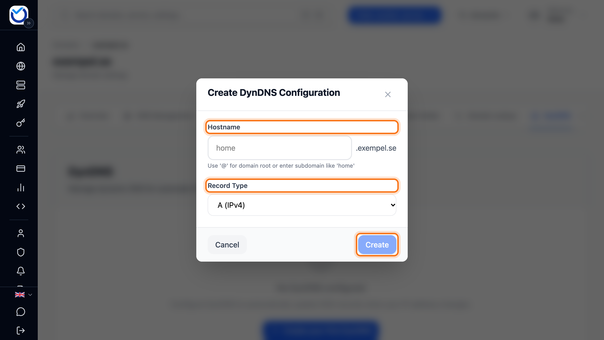 The Create DynDNS Configuration dialog, with the Hostname and Record Type fields and the Create button framed