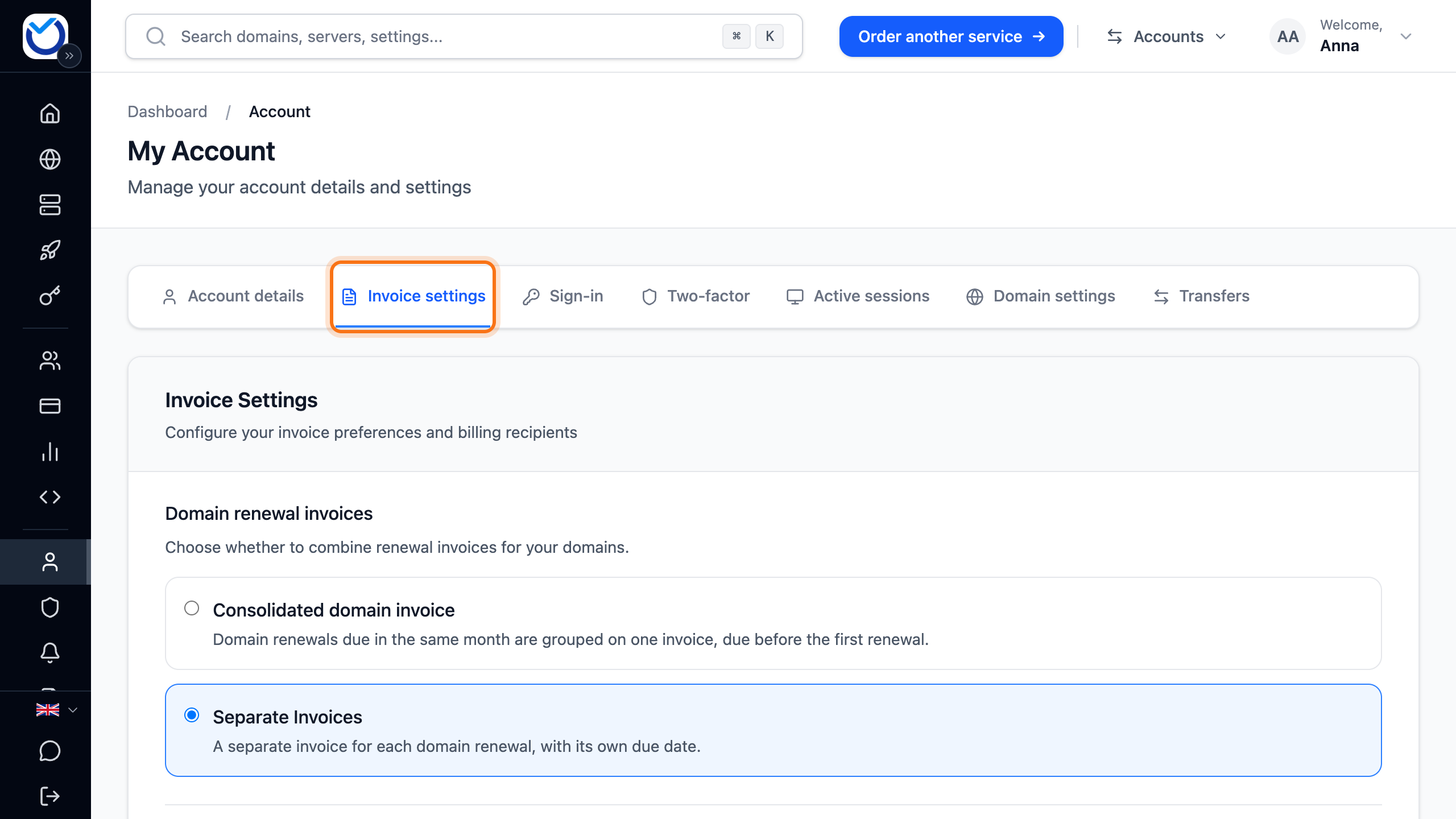 The account page with the Invoice settings tab framed