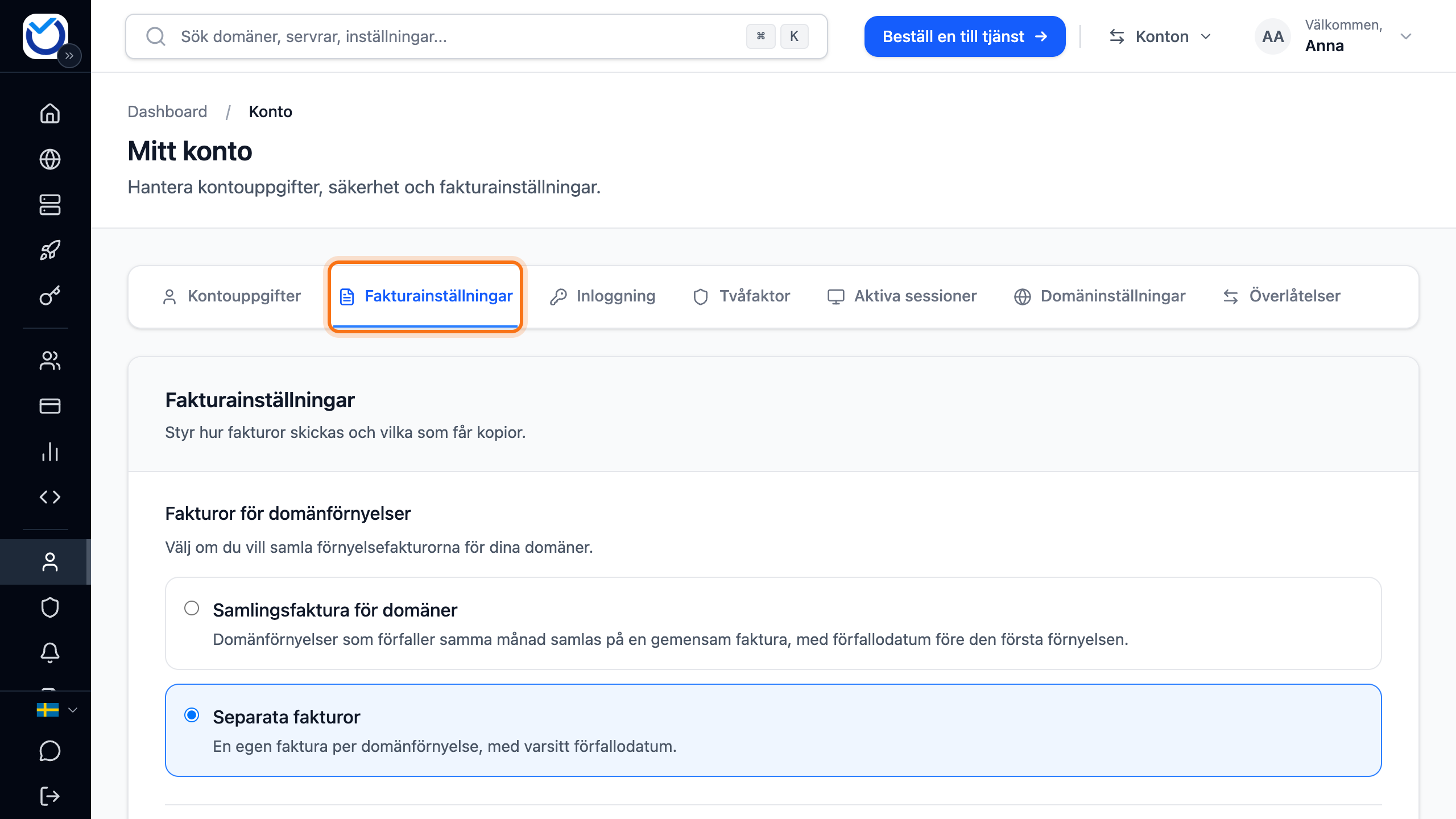 Kontosidan med fliken Fakturainställningar markerad