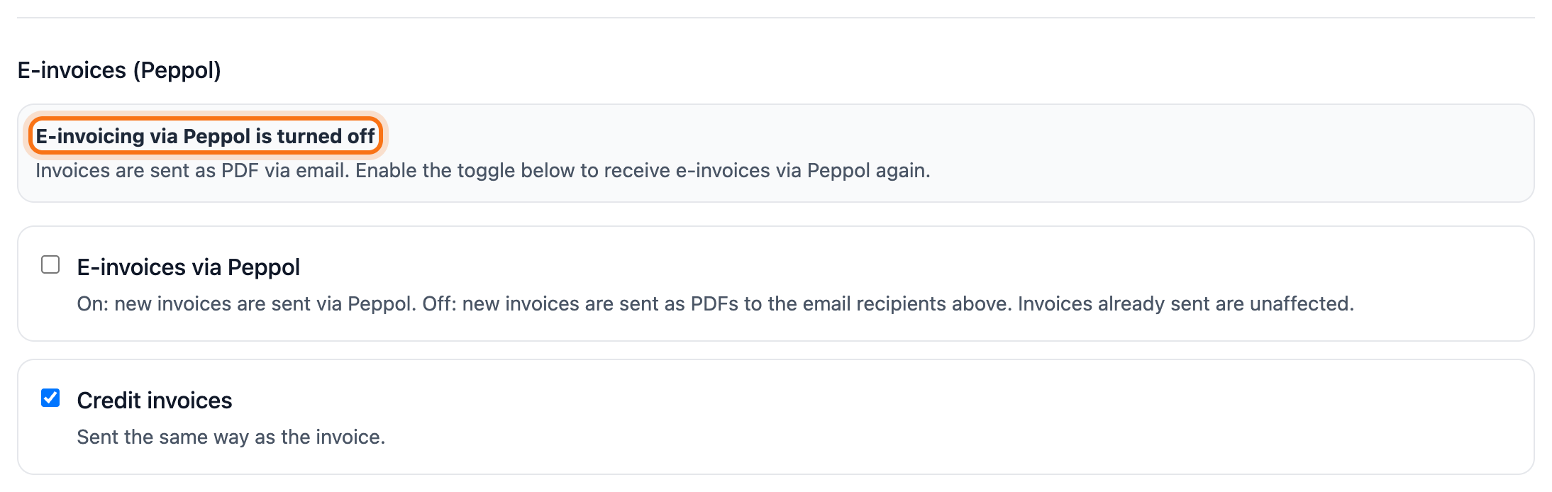 The E-invoices (Peppol) section with the message E-invoicing via Peppol is turned off framed