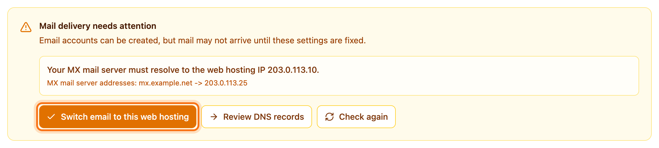 The Mail delivery needs attention box with the Switch email to this web hosting button framed