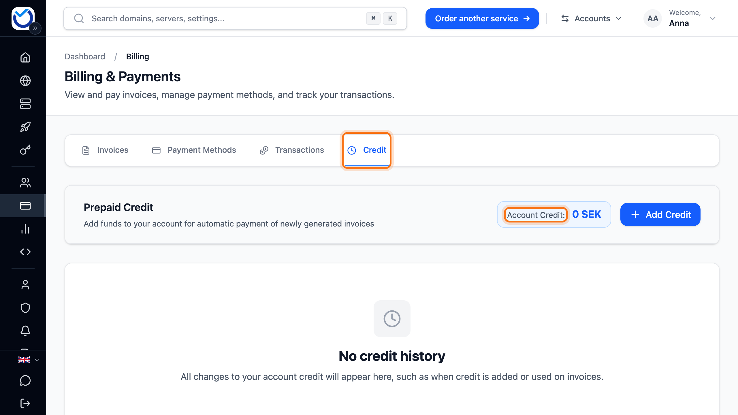 The Credit tab on the Billing & Payments page, with the tab and the account credit framed
