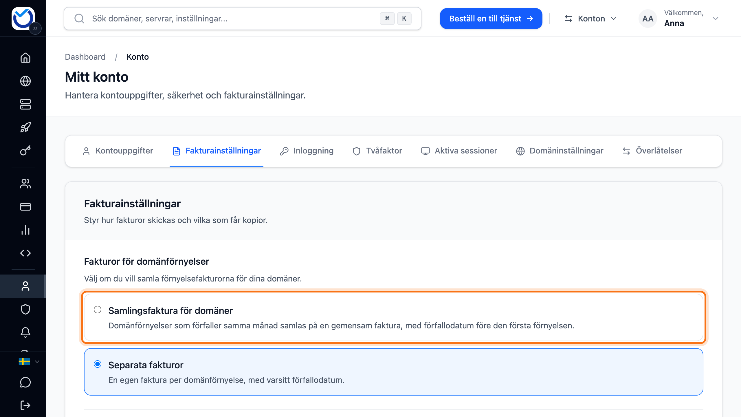 Fliken Fakturainställningar med valet Samlingsfaktura för domäner markerat