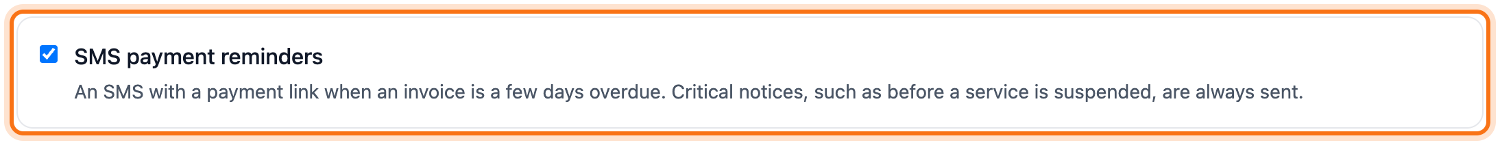 The SMS payment reminders option with its tick box framed