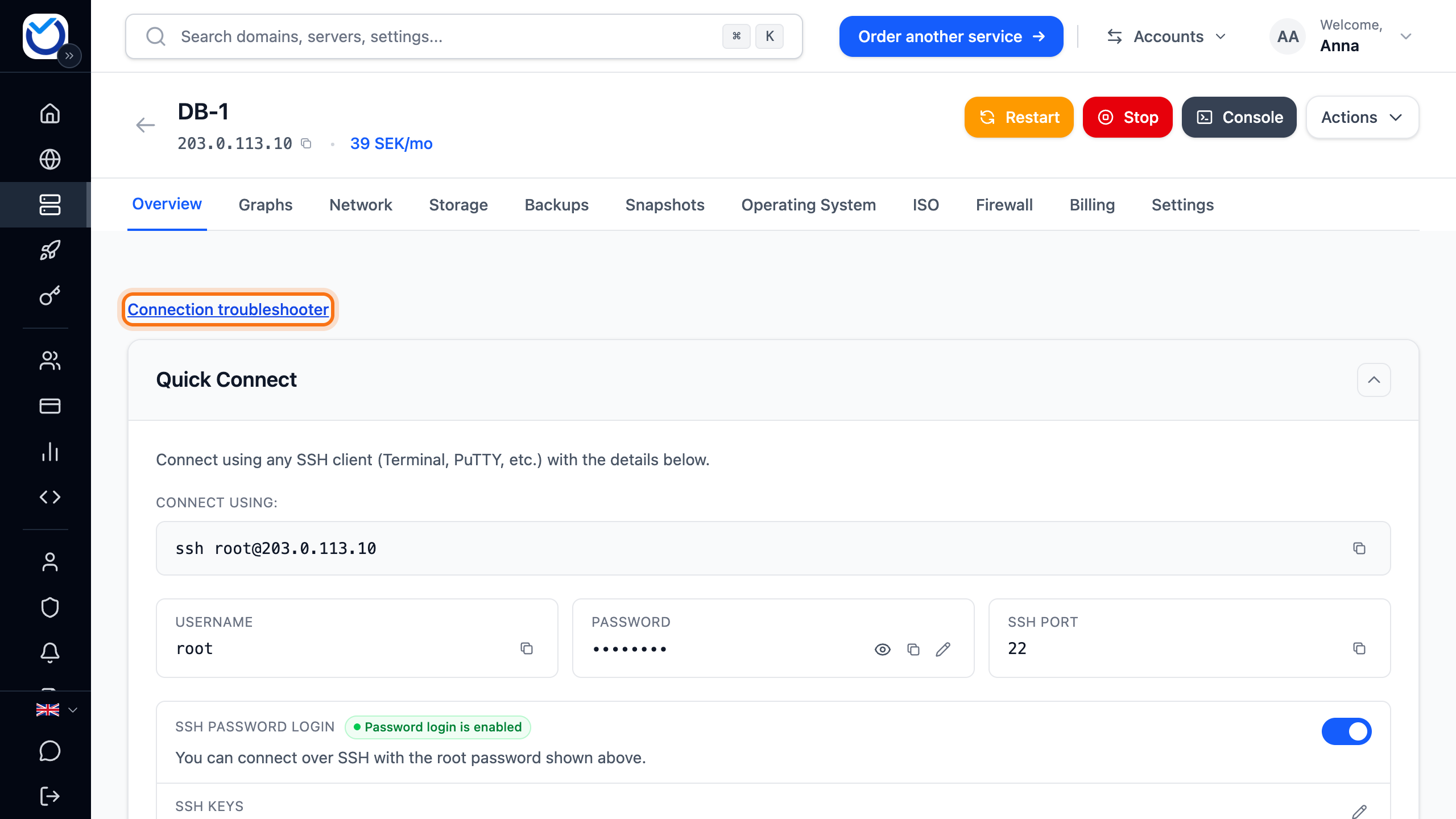 The server overview with the Connection troubleshooter link framed