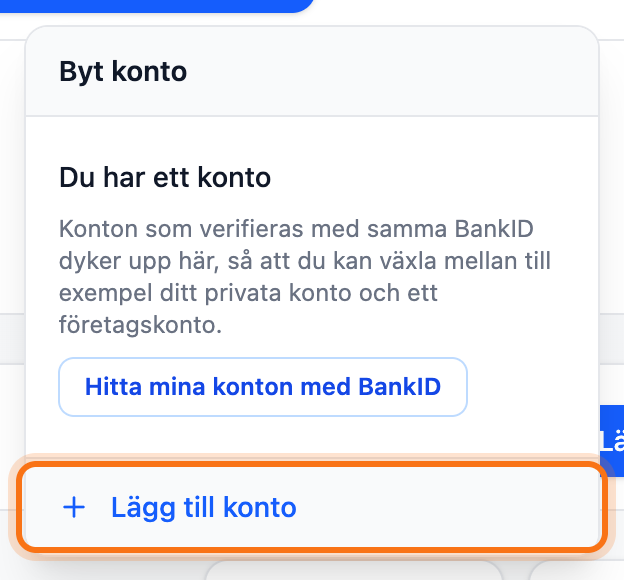 Kontomenyn med Lägg till konto markerat