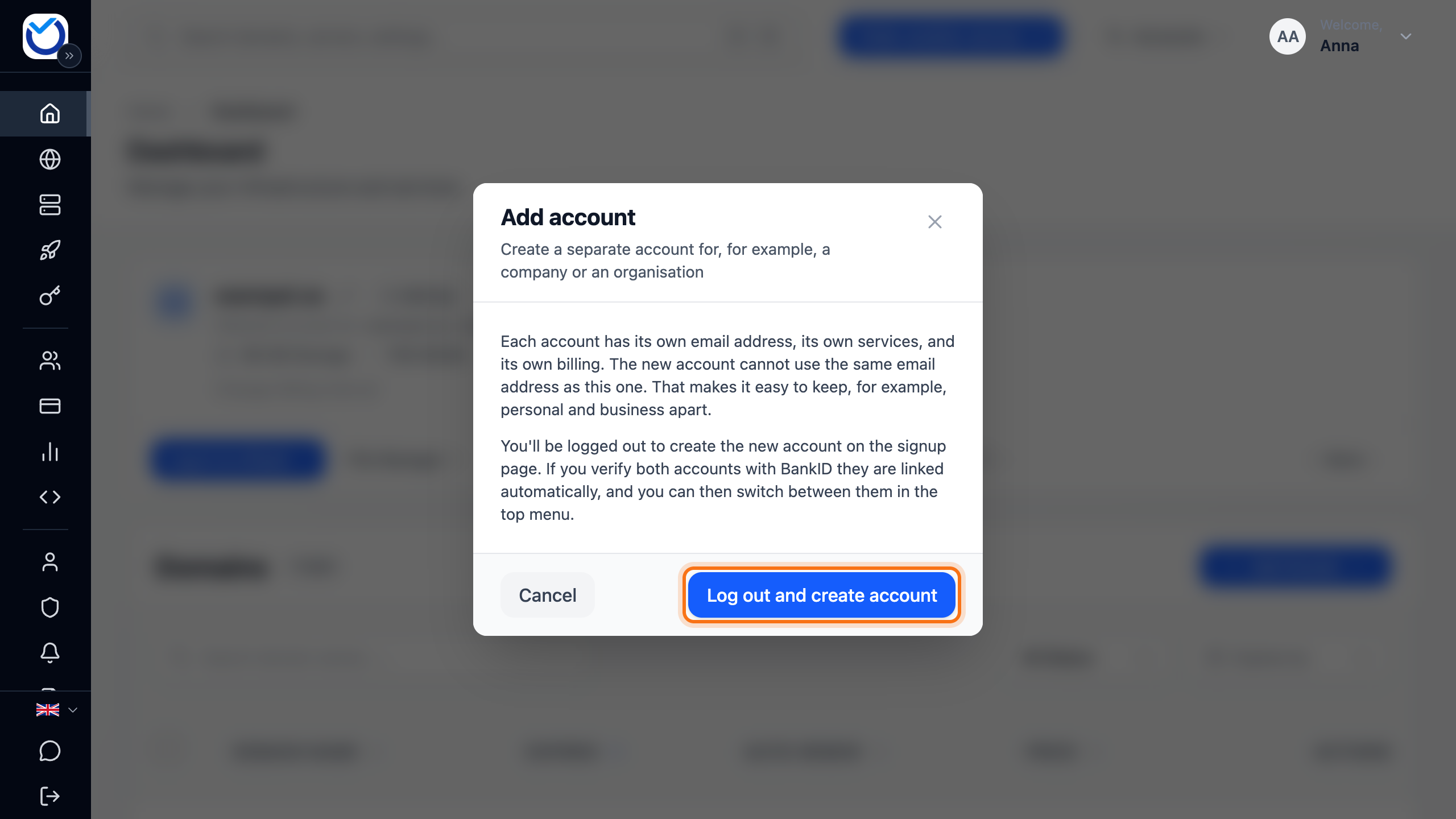 The Add account dialog with the Log out and create account button framed