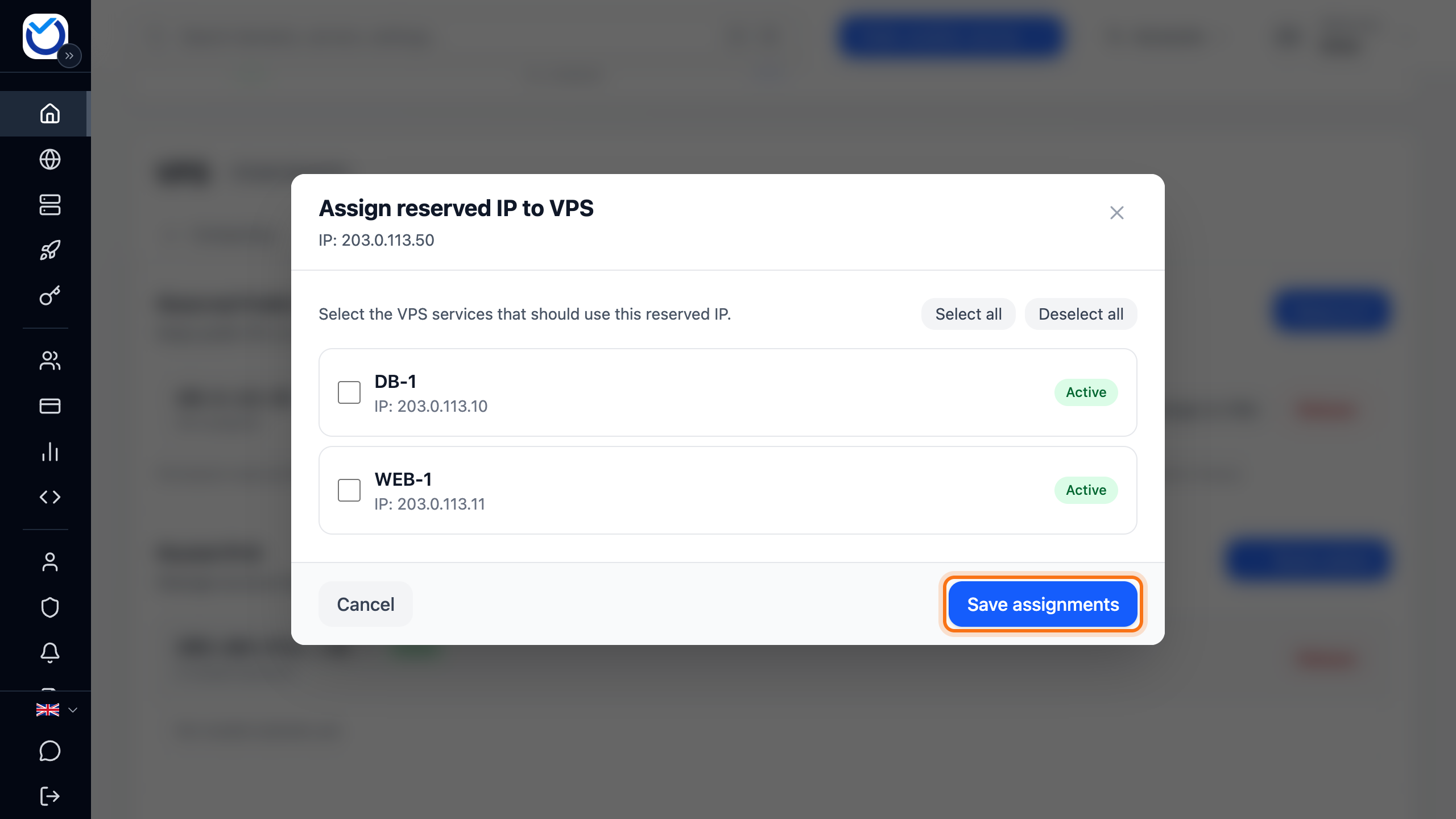 The Assign reserved IP to VPS dialog with the Save assignments button framed