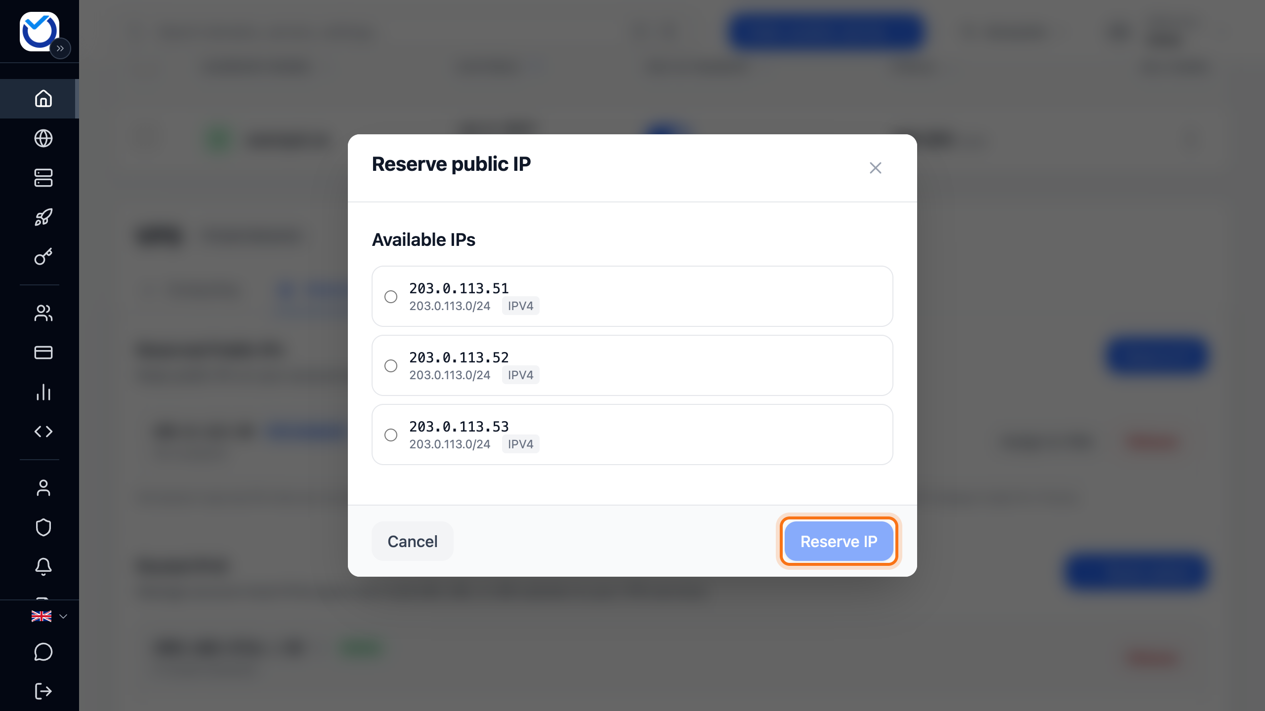 The Reserve public IP dialog with the Available IPs list. The Reserve IP button is framed