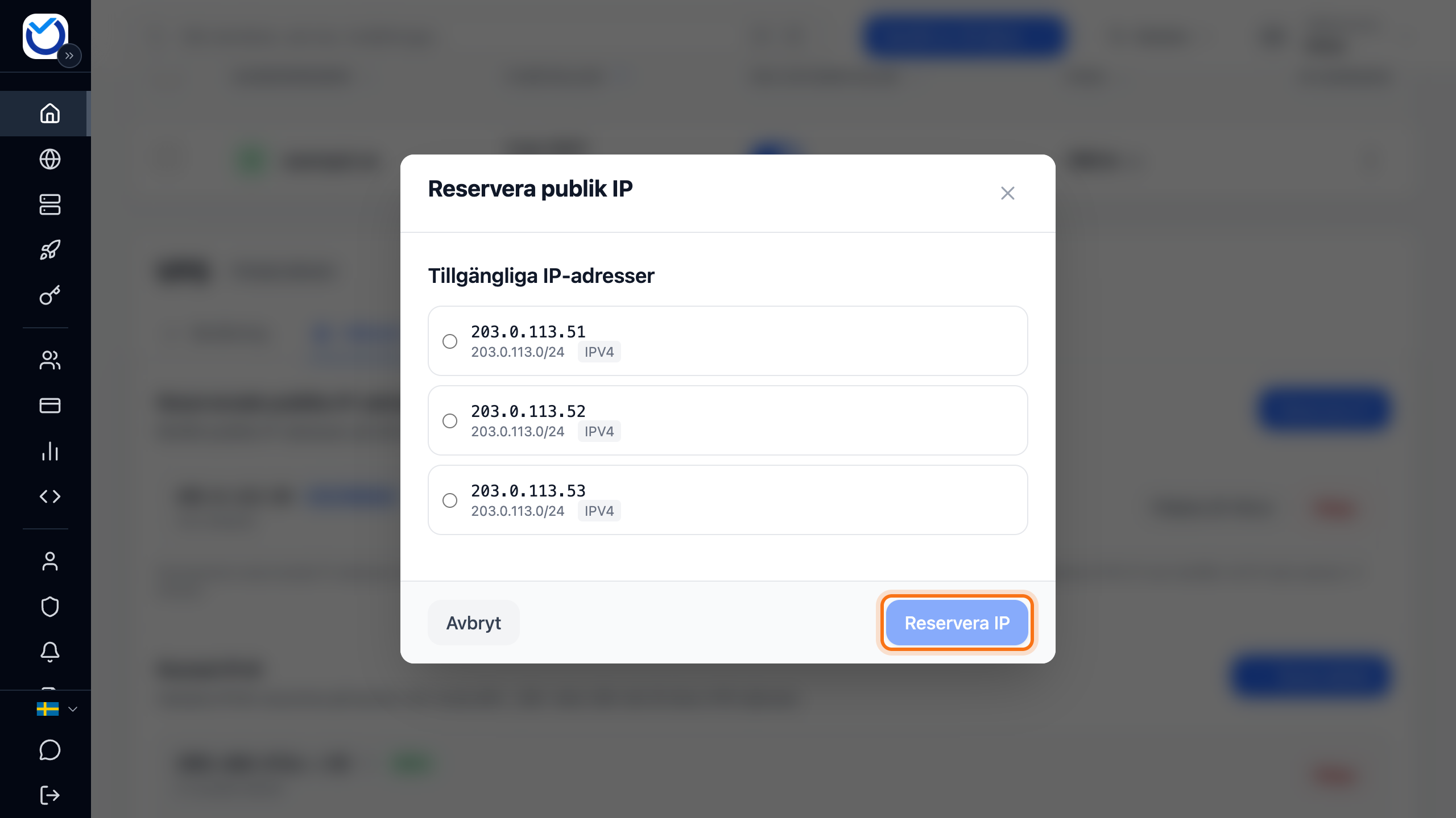 Rutan Reservera publik IP med listan Tillgängliga IP-adresser. Knappen Reservera IP är markerad